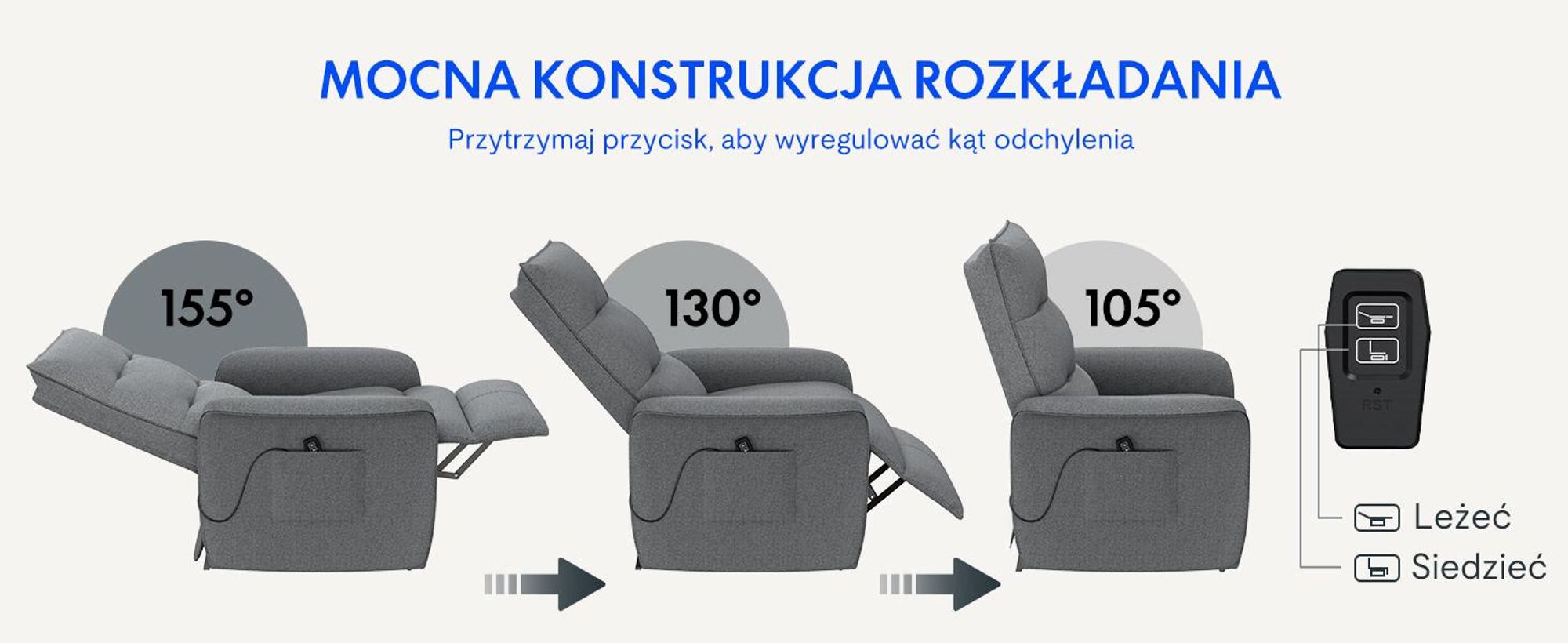 FLEXISPOT Elektryczny fotel relaksacyjny z funkcją rozkładania w zakresie 105°–155°, ergonomiczny fotel z podnóżkiem, fotel telewizyjny o nośności do 200 kg, kolor ciemnoszary