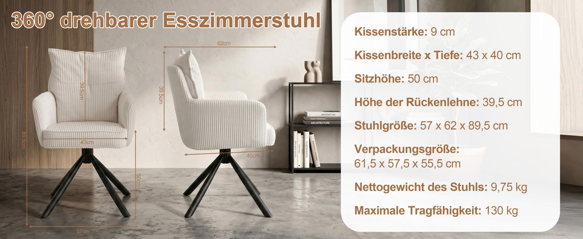 Duhome Esszimmerstuhl Armlehnstuhl Drehbar aus Kordsamt, 360° Drehstuhl Schminktisch Stuhl Computerstuhl für Esszimmer Wohnzimmer Küche Weiß