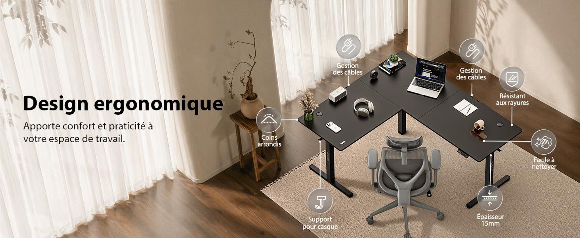 Bureau d'angle SENSE7 NOJO Light Corner, électrique, réglable en hauteur, dimensions 160x140, forme en L, bureau debout, double moteur, structure de bureau avec fonction mémoire, couleur noire