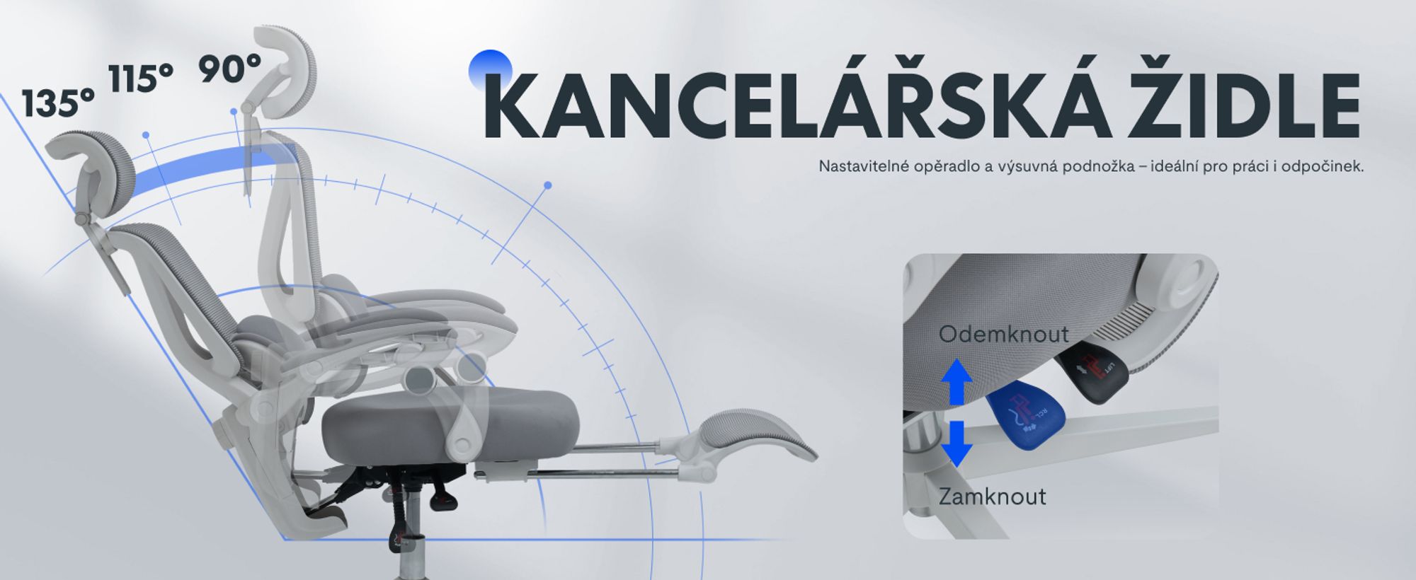 Ergonomická kancelářská židle FLEXISPOT s 3D opěrkou hlavy, nastavitelnou bederní opěrkou, funkcí naklápění 90–135°, spojenými područkami, opěrkou nohou, nosností 136 kg, šedá