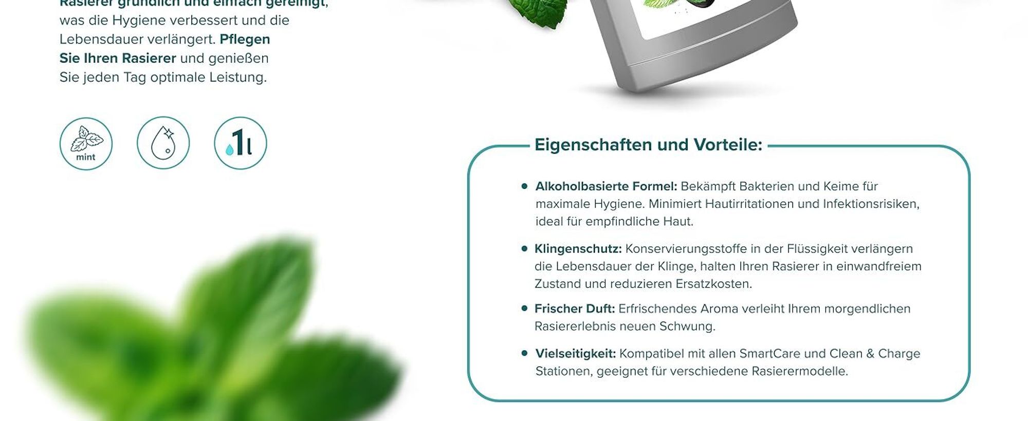 Sillar Scherkopfreiniger Nachfüllflüssigkeit 2L - Minz-Formel - Kompatibel mit Braun CCR Serie 3, 5, 7, 9,Clean&Renew