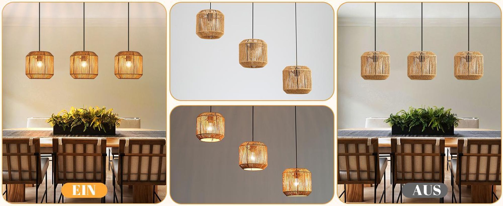 ZMH Pendelleuchte Boho Hängelampe Rattan Lampe Hängend Hängeleuchte Esszimmer 3 flammig Esstischlampe Retro Design mit E27 Fassung für Schlafzimmer