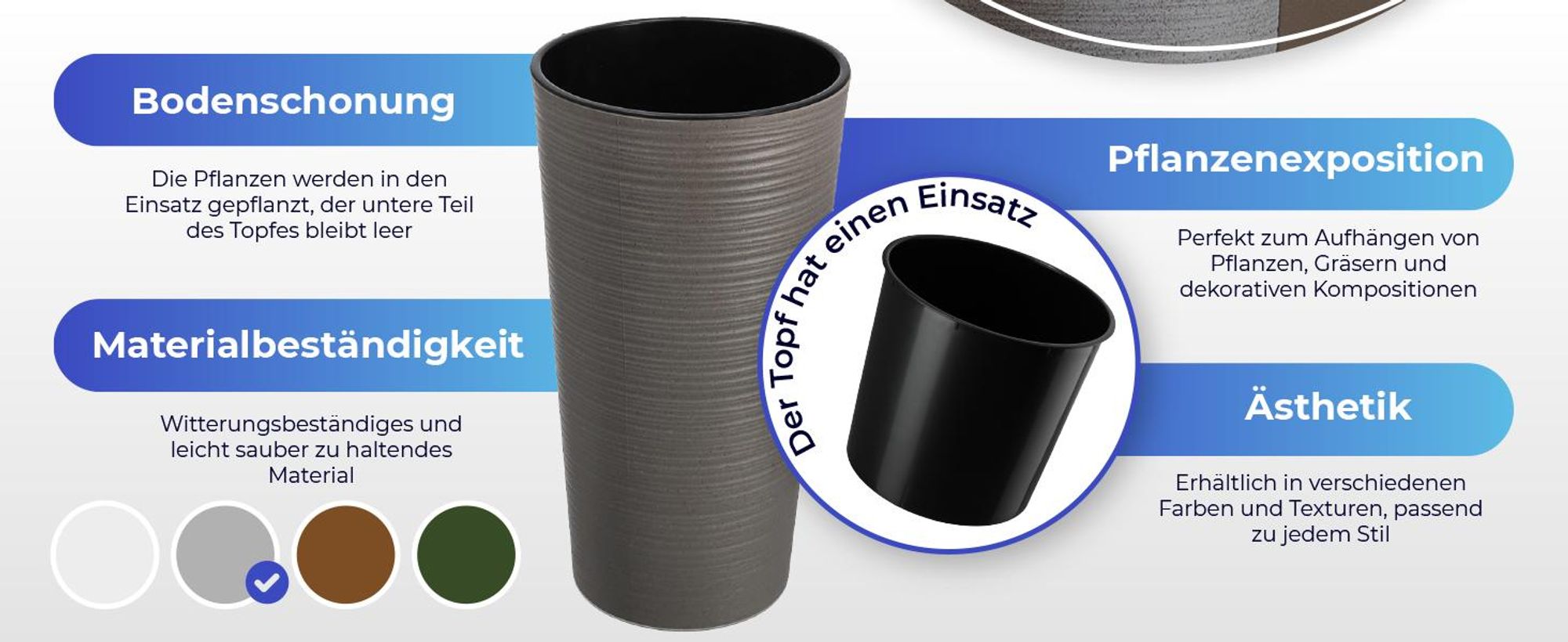 KADAX Blumentöpfe"Latina", Übertopf mit herausnehmbarer Einlage, Blumentopfschutz, Blumenkübel, 19 + 25 + 30 cm, Grau