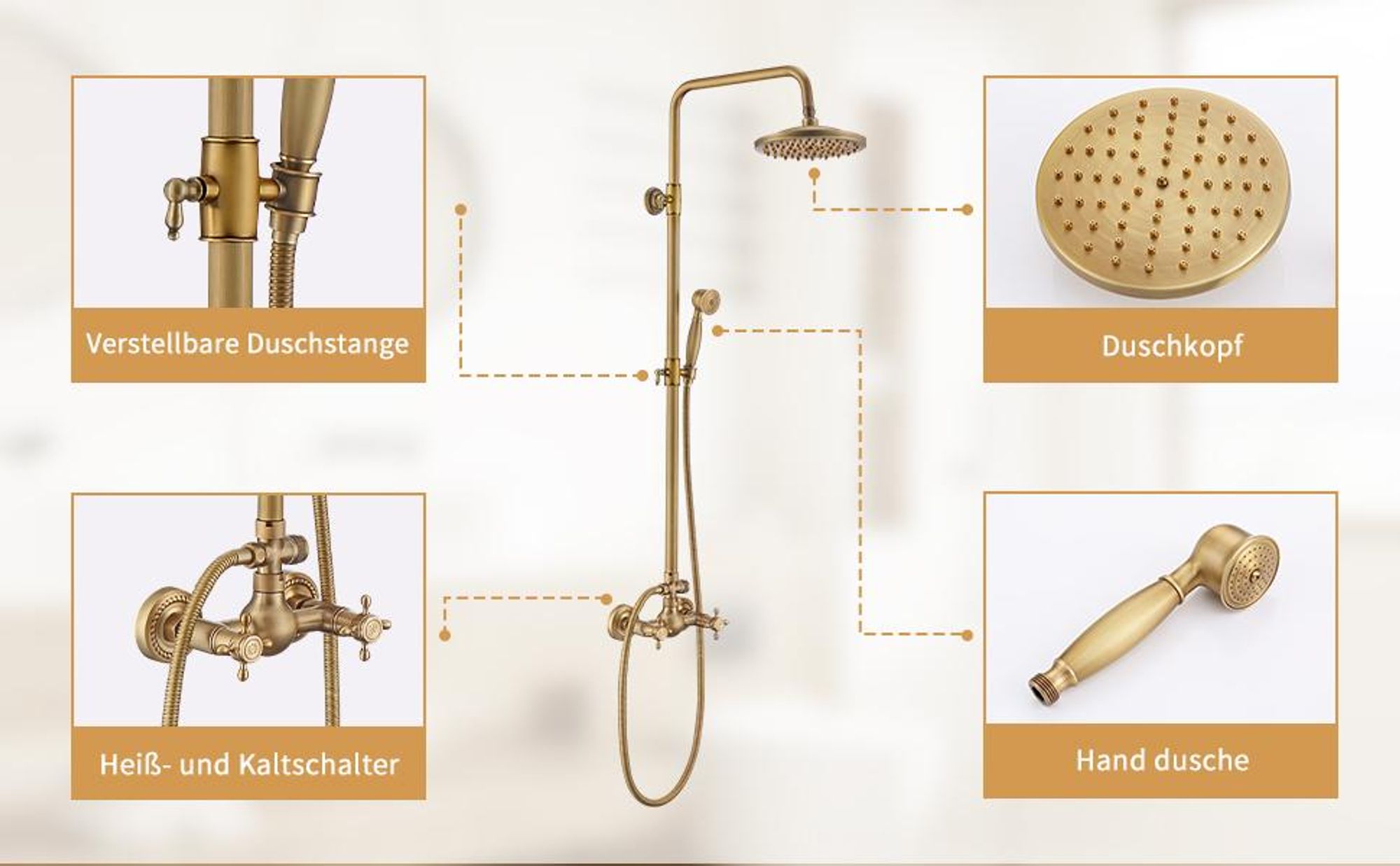 Duschsystem HOMELIVE Duschset mit Armatur Regendusche Set Duschamaturenset, Kopfbrause, Handbrause, Brausestange  Antike Bronze Gebürstetes Nickel