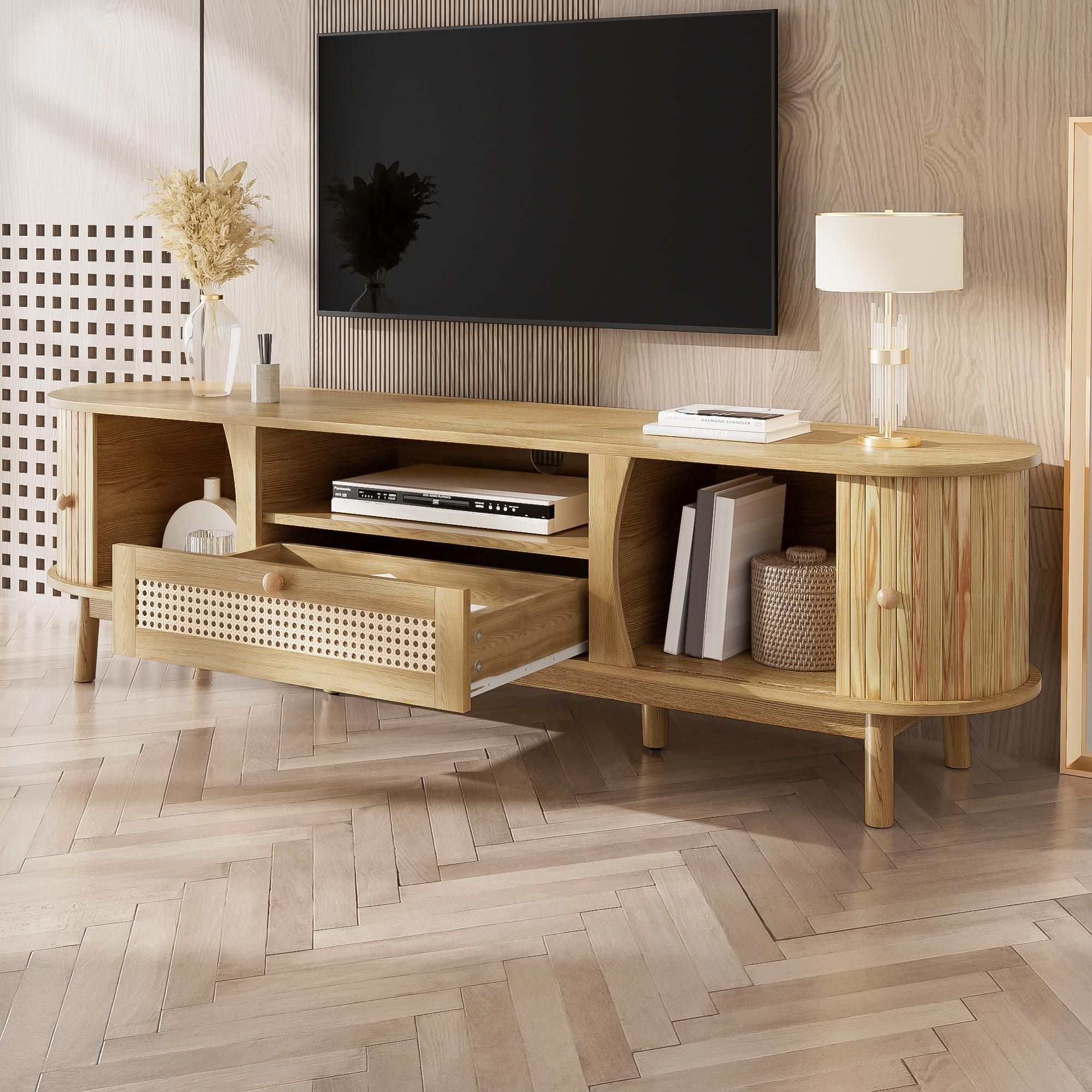 Merax TV-Schrank aus Rattan in Landhausstil, TV Lowboard mit Schiebetüren und Schubladen, TV-Ständer bis 70 Zoll mit Massivholzfüße, Natur