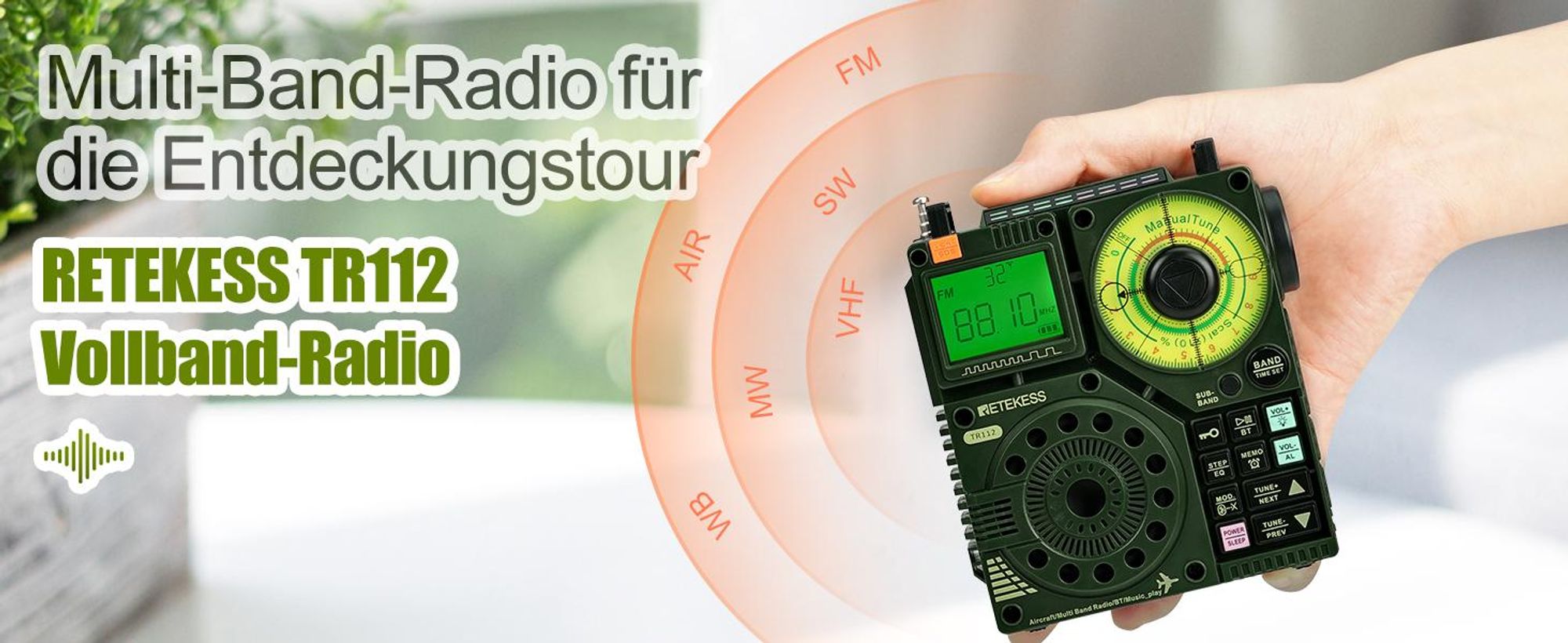 Retekess TR112 Tragbares Kurzwellenradio, FM VHF MW SW WB Air Band Radio, App Intelligente Fernbedienung, MP3 / TF, Bass Stereo SOS Alarm
