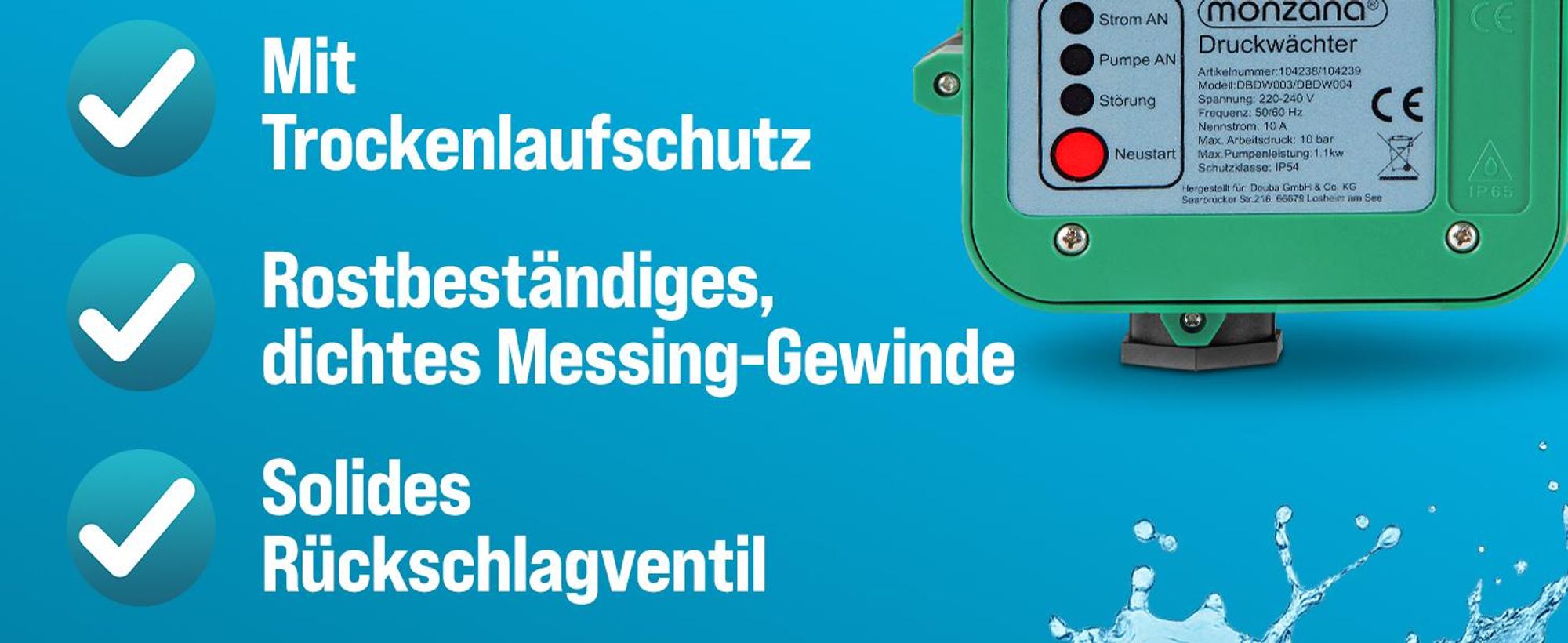 MONZANA Druckschalter Wasserpumpe mit Kabel 10 Bar Trockenlaufschutz