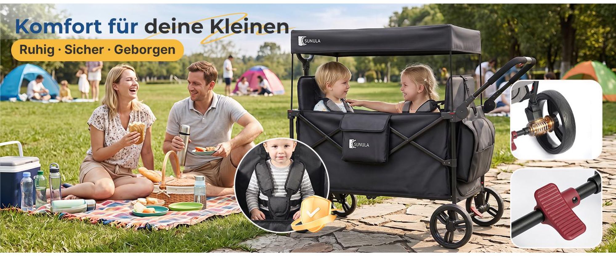 Sekey Faltbar Bollerwagen mit Dach, für 1 bis 2 Kinder, Schiebe- und Zieh Funktion, mit XXL-Rädern (25/20 cm) und 5-Punkt-Gurtsystem, Grau