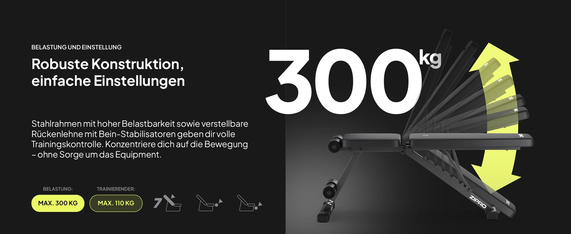 ZIPRO Stride Hantelbank Klappbar - Trainingsbank Verstellbar 300 kg Flachbank Schrägbank Negativbank Kraftstation Fitnessgerät für Zuhause