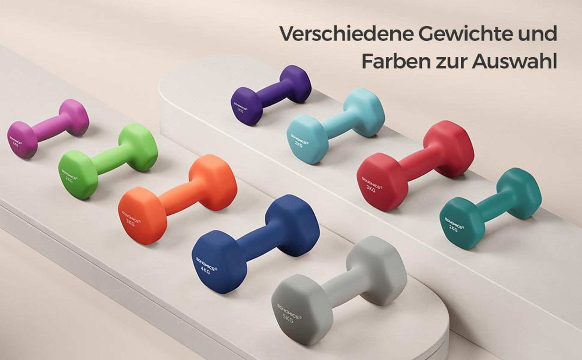 SONGMICS Hanteln, 2er Set, 2 x 5 kg, Hantelset, Kurzhanteln, Hexagon, Neopren-Beschichtung, Krafttraining, Workout, Fitnesstraining, für Zuhause, grau