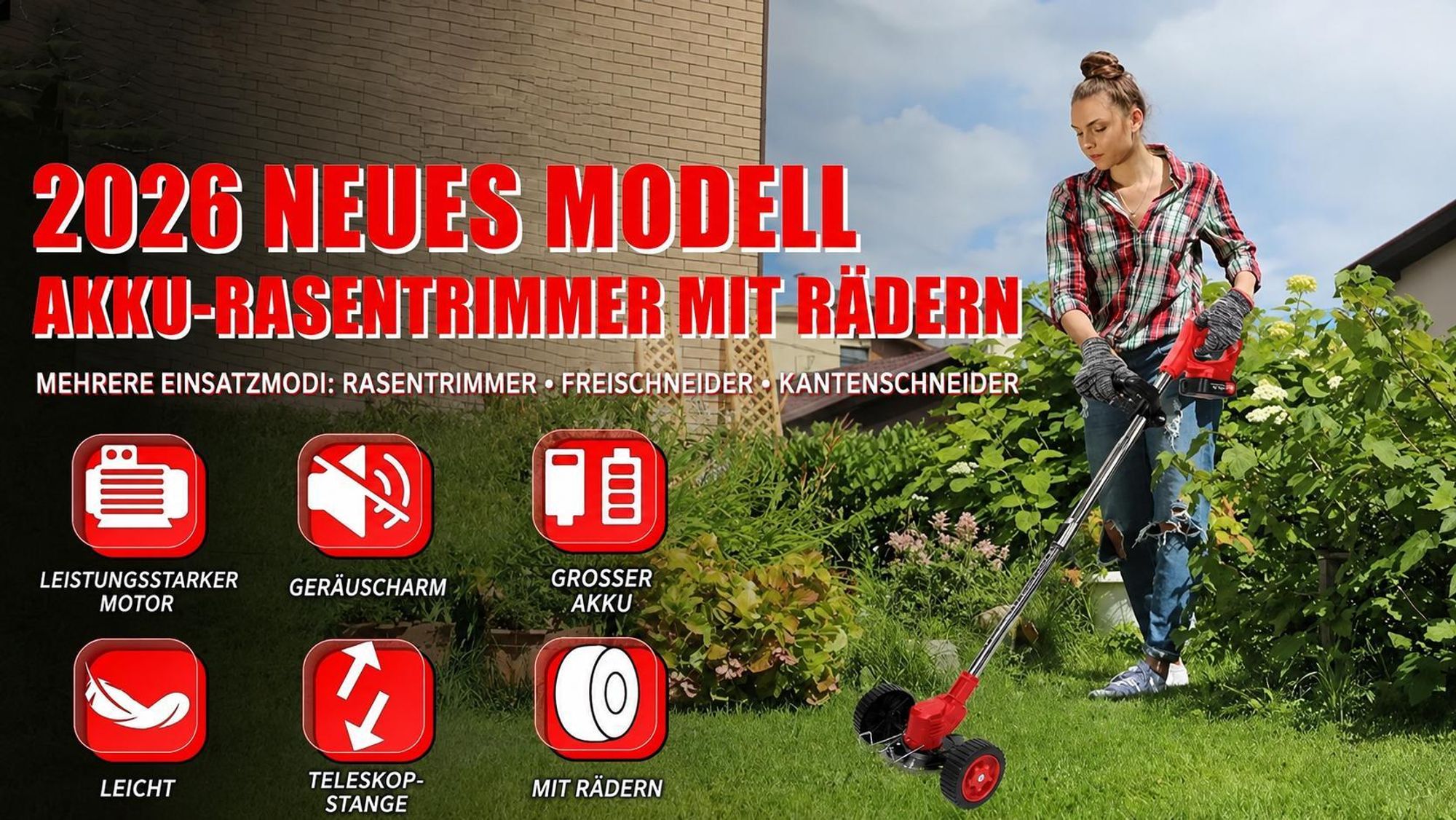Akku Rasentrimmer, Freischneider mit 2 x 2000mAh Akku und Ladegerät, Teleskop-Stiel & Zusatzhandgriff, Mit Rädern, 180° Trimmwinkel, Arbeitssparend