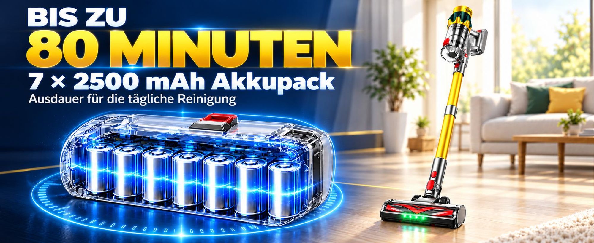 80000Pa Akku-Staubsauger 750W/80 Min., kabelloser Hand- und Stielstaubsauger, ultraleise, Smart-Display, leicht, Anti-Verwicklung für Tierhaare & Auto