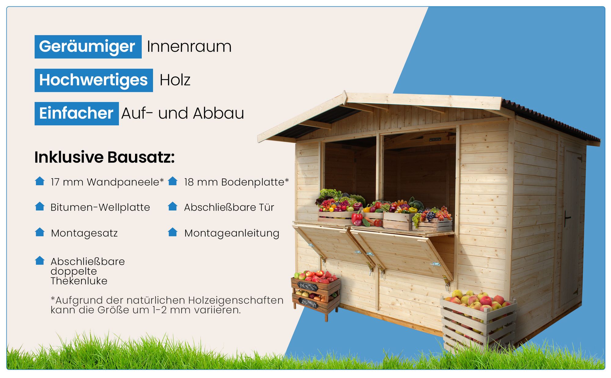 TIMBELA M150 Holz Gartenhaus, Marktbude Holz, Qualitäts Schiffslatten Kiefern Fichte Verkaufsstand Holzhaus mit Theke, ZWEI FENSTER, H232x336x263 cm/6 m2, große multifunktionale Garten-Bar Verkaufshütte Verkaufsstände aus Holz