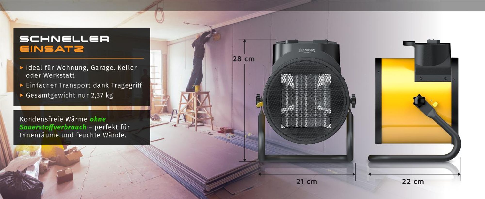 Brandson Baustellen-Heizlüfter, Bauheizer, 3000 W, Thermostat, 2 Heizstufen, 220 m³/h, PTC-Keramik, Metallgehäuse, Lüfterbetrieb, Thermosicherung