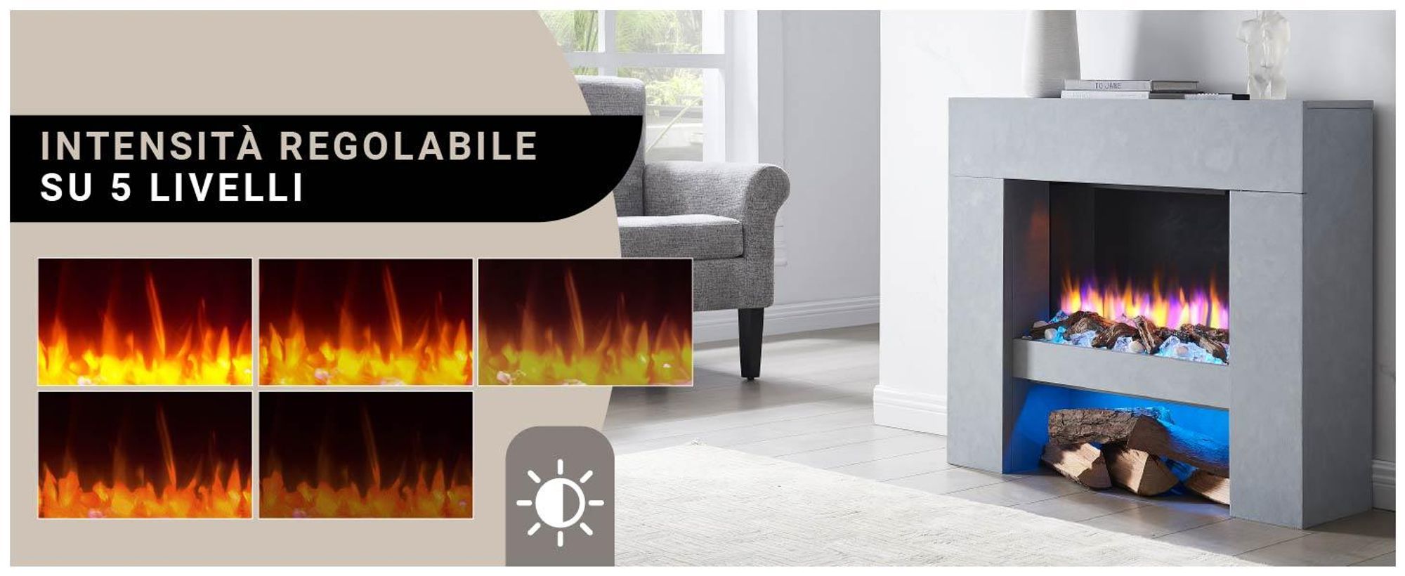 Caminetto elettrico BALDERIA Naran - Caminetto a libera installazione - Colore grigio cemento