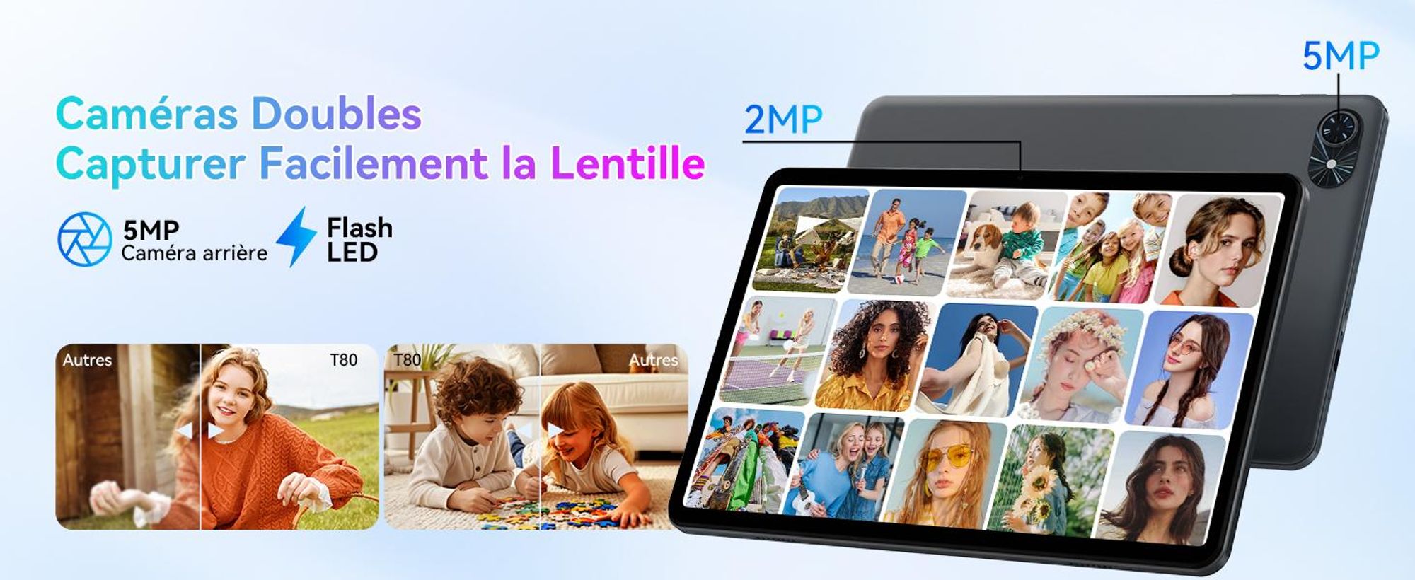 Tablette KOBONA-TABWEE T80 10 pouces, Android 16, 128 Go de mémoire interne, résolution HD 1280 x 800, batterie 6000 mAh, appareil photo 5 Mpx, Wi-Fi 5G, Bluetooth, tablette Gemini AI
