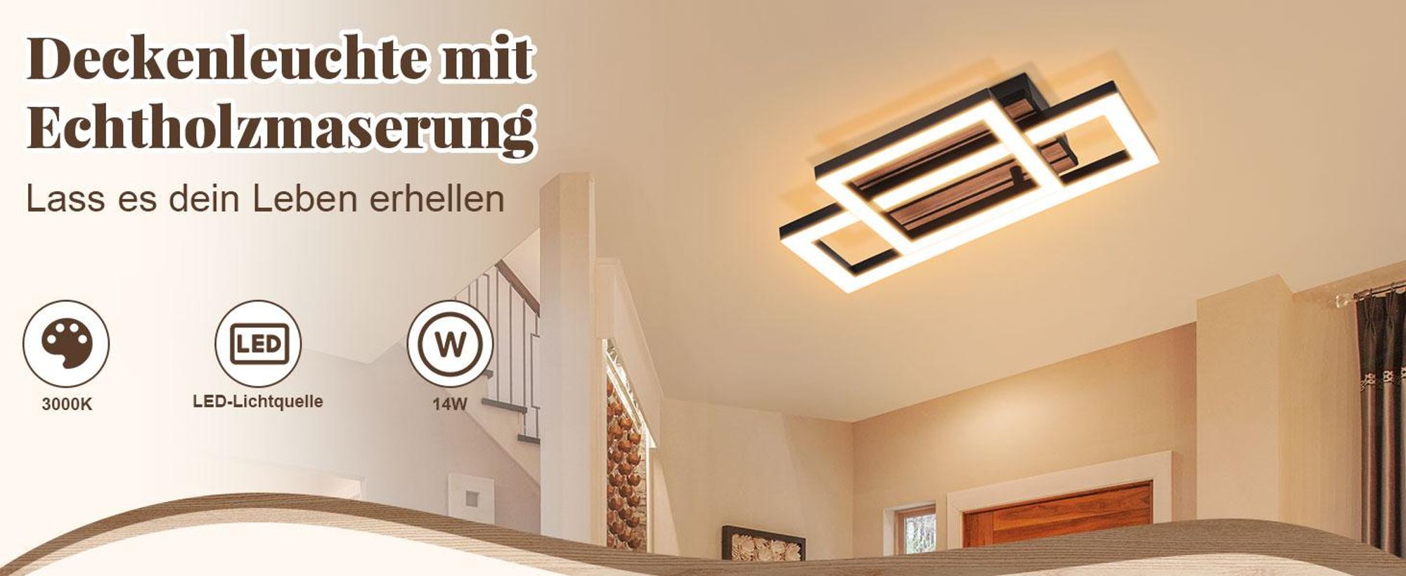 ZMH LED Deckenleuchte Retro 35CM Schlafzimmer Deckenlampe 14W Küchenlampe 3000K Warmweiß Eckig Flur Wohnzimmerlampe für Wohnzimmer Küche Esszimmer