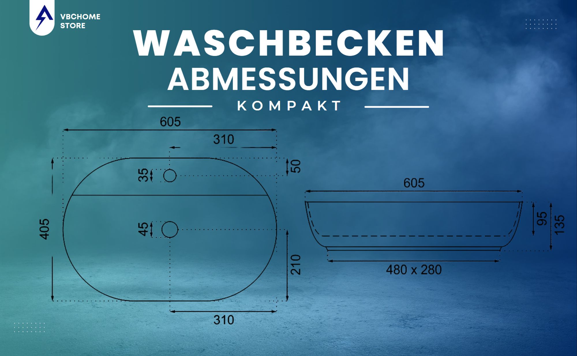VBChome Waschbecken 60 x 40 cm Keramik Weiß Oval mit Hahnloch Waschtisch Handwaschbecken Aufsatzwaschbecken Waschschale Keramikwaschbecken Waschbecken
