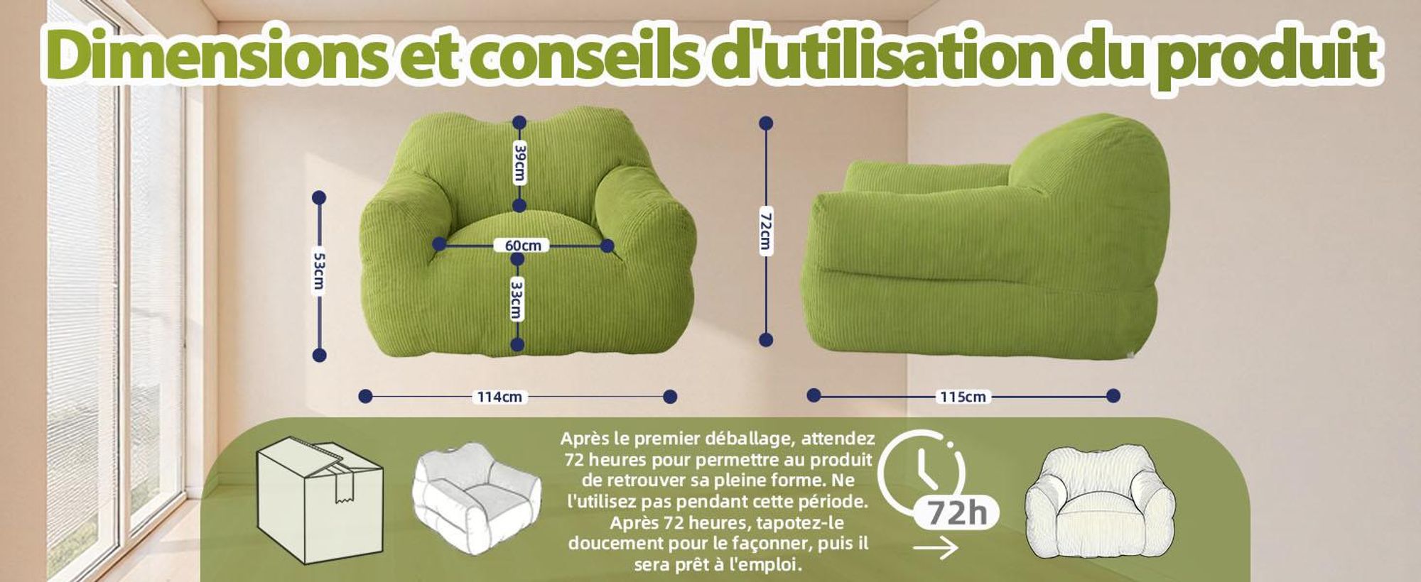 Pouf géant pour adulte, rembourrage en mousse déchiquetée, canapé de sol moelleux, forme carrée, vert gazon