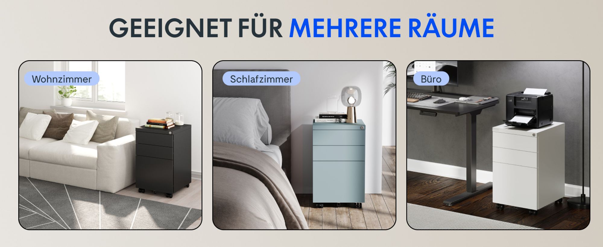 FLEXISPOT Aktenschrank CB23 Rollcontainer – Mobiler Büroschrank mit 3 Schubladen, Schloss, Leise-Schienen & Anti-Kipp-Rädern für Büro & Zuhause Rosa