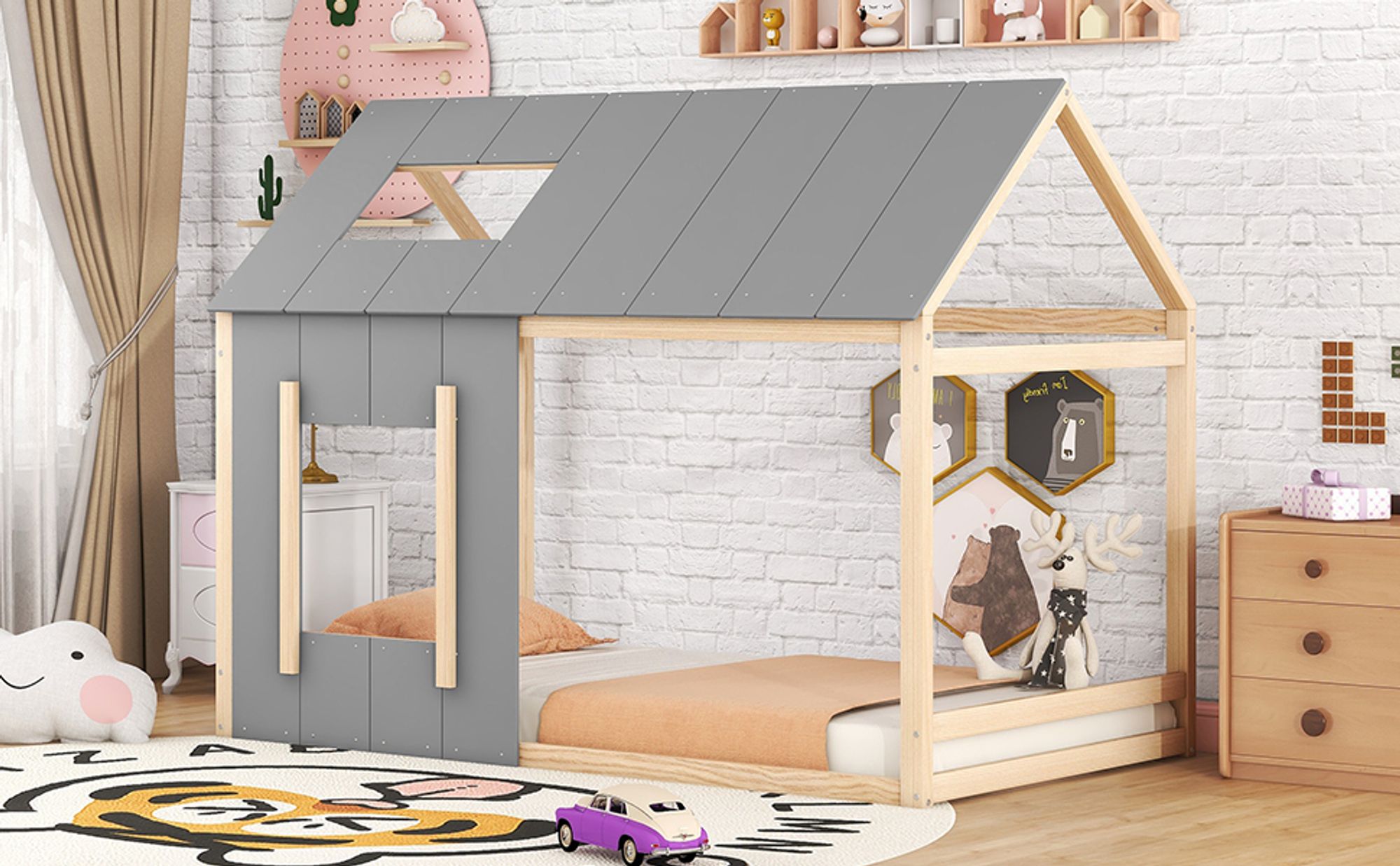 MODFU Kinderbett 90x200cm mit Lattenrost, Hausbett Jugendbett mit mit Dach und Fenster, Kiefernholzbett, Natur(Ohne Matratze)