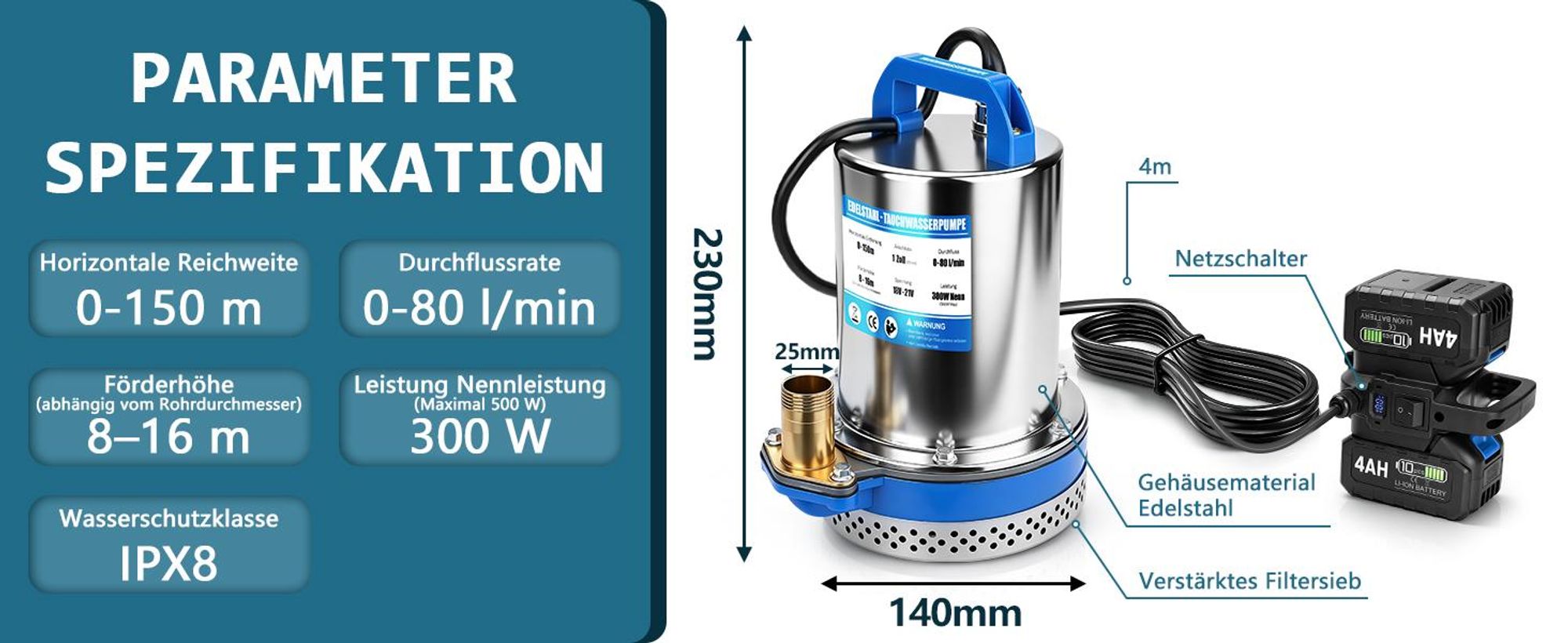 360° Akku Tauchpumpe Schmutzwasserpumpe mit 2×4,0Ah | Doppelakku Betrieb | Förderhöhe 16m | 4800L/H | Rundumabsaugung | Regenfasspumpe Tauchdruckpumpe