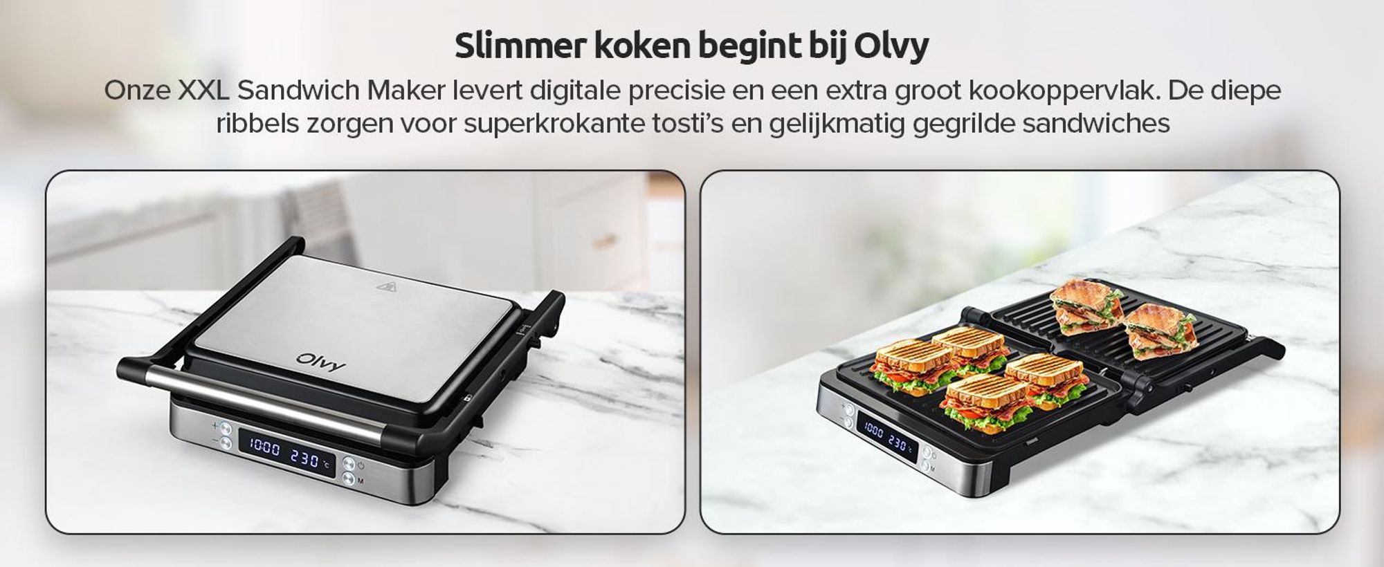 Olvy Contactgrill XXL 2000W – Sandwichmaker voor 4 sandwiches, paninimaker met 7 programma's, tafelgrill met display, PFAS-vrij, instelbaar tot 230°