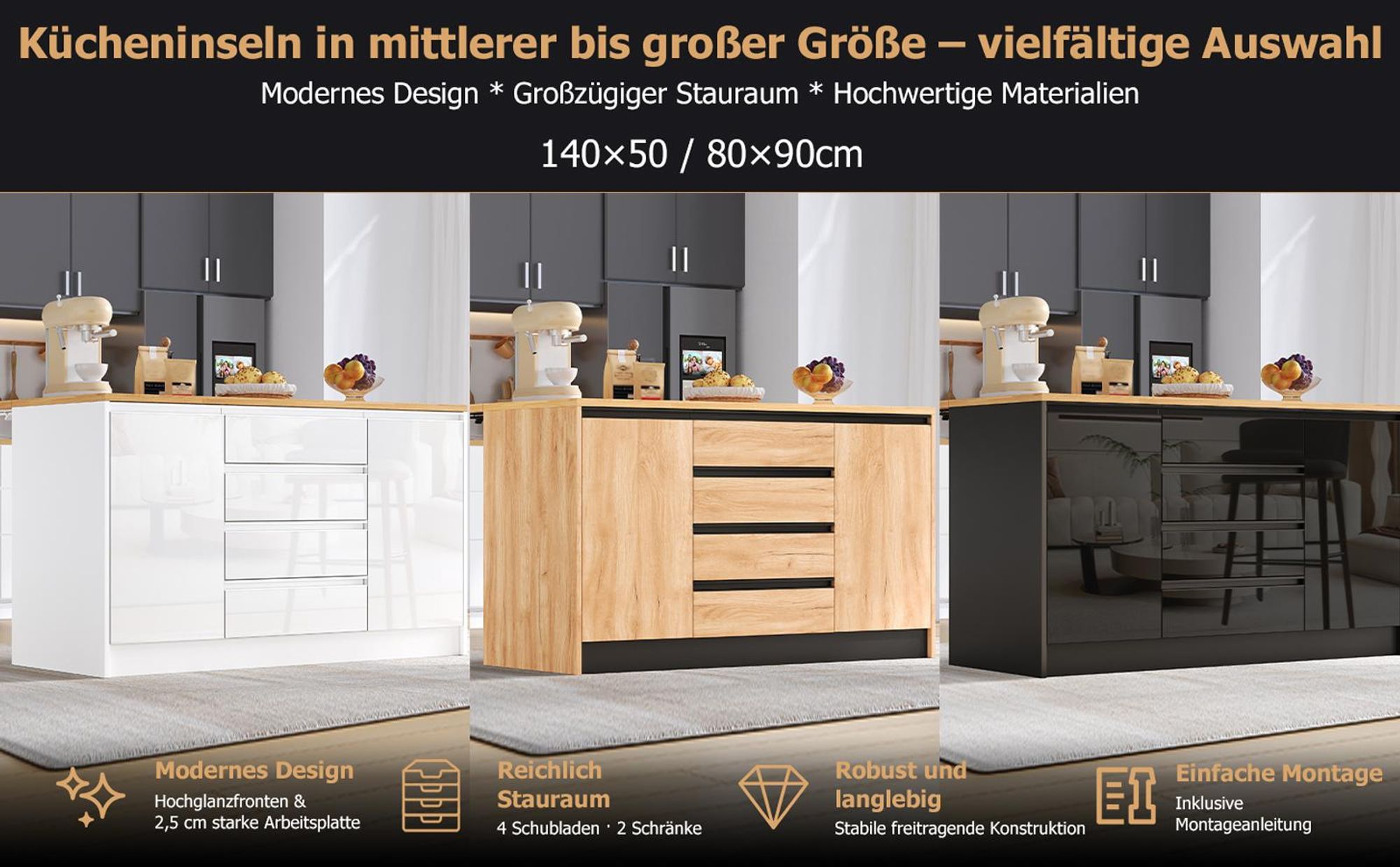 Flieks Kücheninsel mit ausklappbarer Arbeitsplatte, Schubladen und Ablage hinter den Türen, Kücheninsel mit Arbeitsplatte in Holzoptik, Natur
