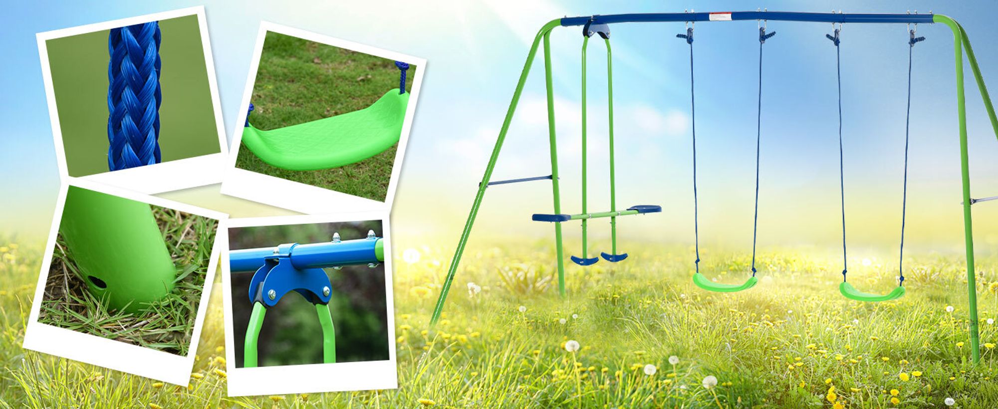 Outsunny Schaukelgestell, Outdoor-Schaukelgerüst mit 2 Schaukeln, 1 Wippe, Grün