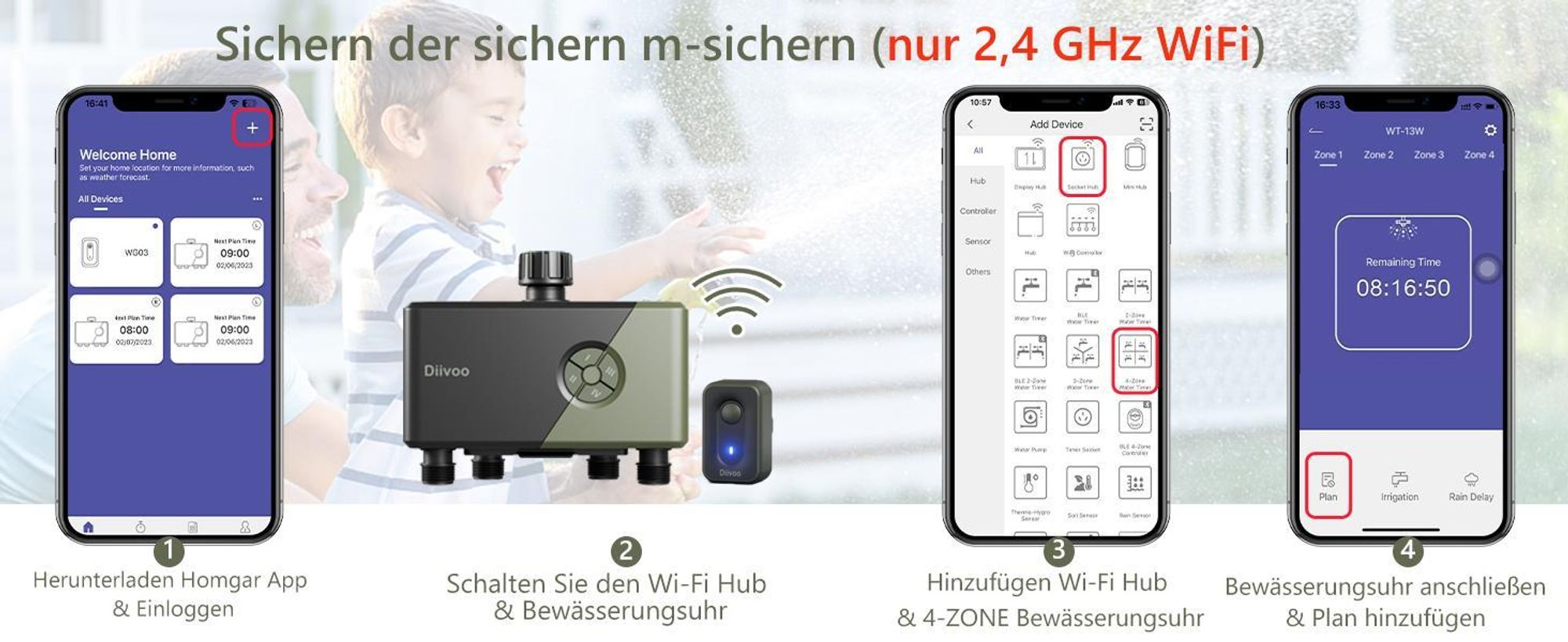 Diivoo Bewässerungscomputer WLAN 4 Ausgänge Automatische Bewässerungsuhr mit WiFi Hub für Garten Rasen