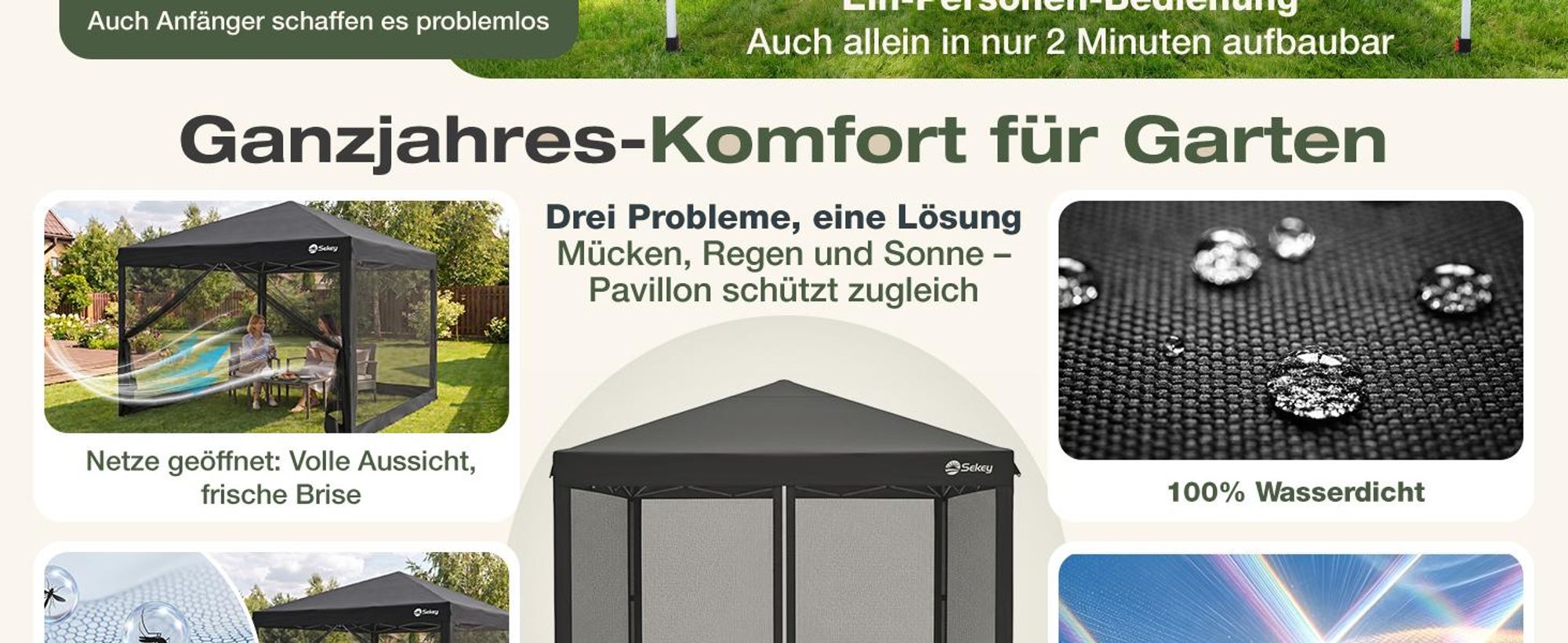 Sekey Faltpavillon 3x3m Pop Up Pavillon mit Moskitonetz, Wasserdichter Gartenpavillon höhenverstellbar inkl. 4 Sandsäcke für Garten Party Camping