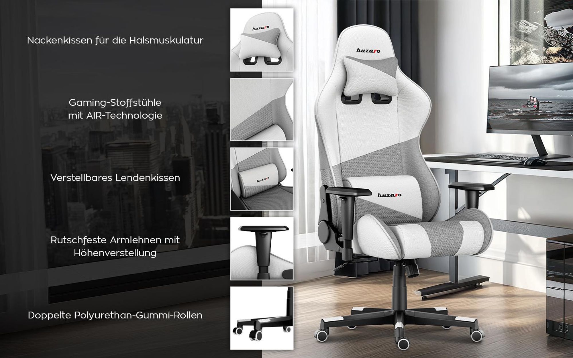Huzaro Force 6.2 | Gaming Stuhl Bürostuhl Schreibtischstuhl Gamer Stoff | bis 130 kg belastbar | Höhenverstellbar Kopfstütze Lendenstütze | Weiß