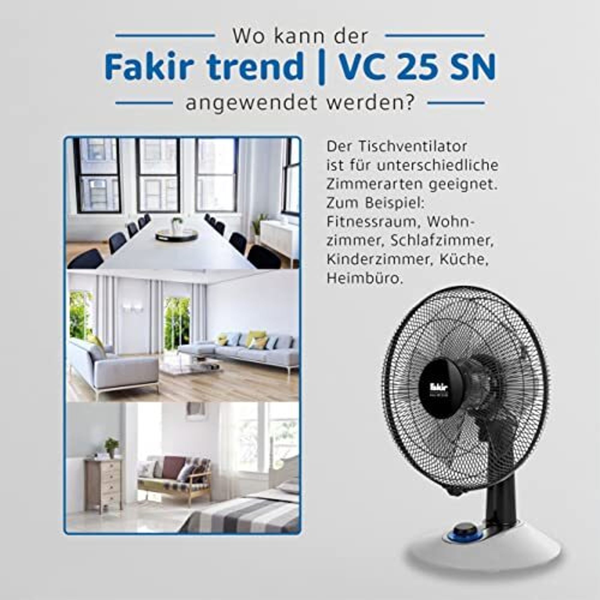 Fakir trend VC 25 N – Ventilator mit 90° Oszillation, 4 Leistungsstufen & LED-Schalter, Leise, Kompakt, Stromsparend, Büroventilator, Tischventilator