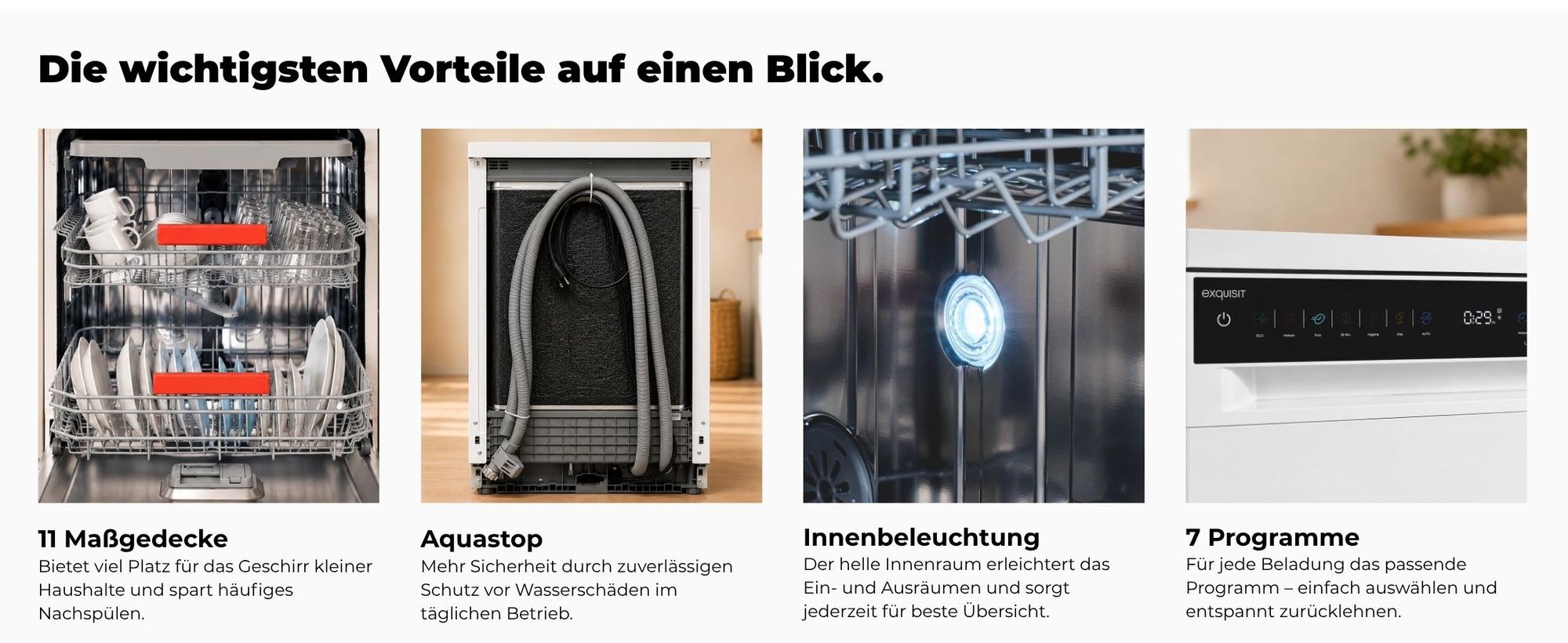 Exquisit Geschirrspüler 11 Maßgedecke | Energieklasse C | 7 Spülprogramme | Aquastop | Besteckschublade | Unterbaufähig | Startzeitvorwahl | Weiß