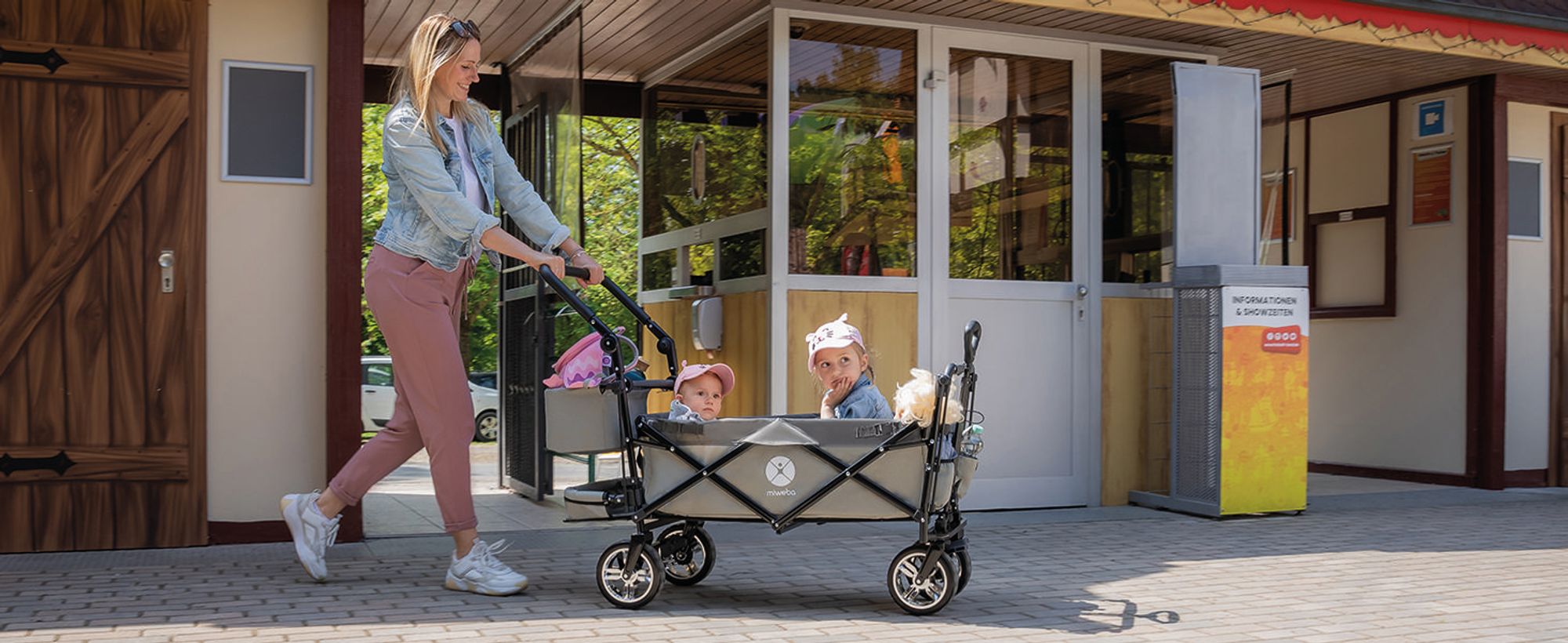 Miweba Bollerwagen MB-20 faltbar | Transportwagen mit Dach - Handwagen - Transportkarre - Hartgummireifen - mit Anschnall-Gurt -bis 100 kg (Beige/Rot)
