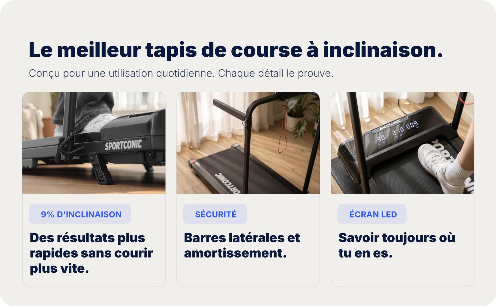 Sportconic Tapis de Course Électrique 12 km/h, Walking Pad Pliable Maison Bureau, Inclinaison 9%, Écran LED, Support Tablette