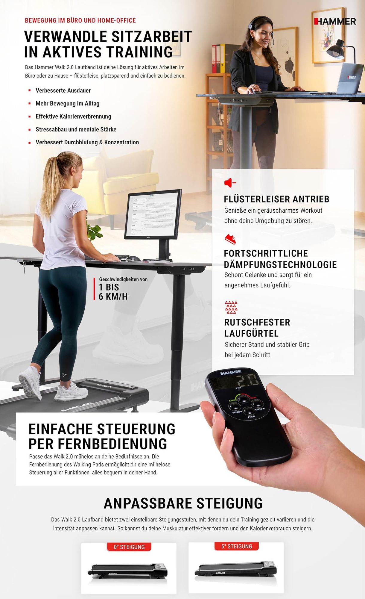 HAMMER Laufband Walk 2.0 - Walking Pad, Laufband Schreibtisch bis 6 km/h