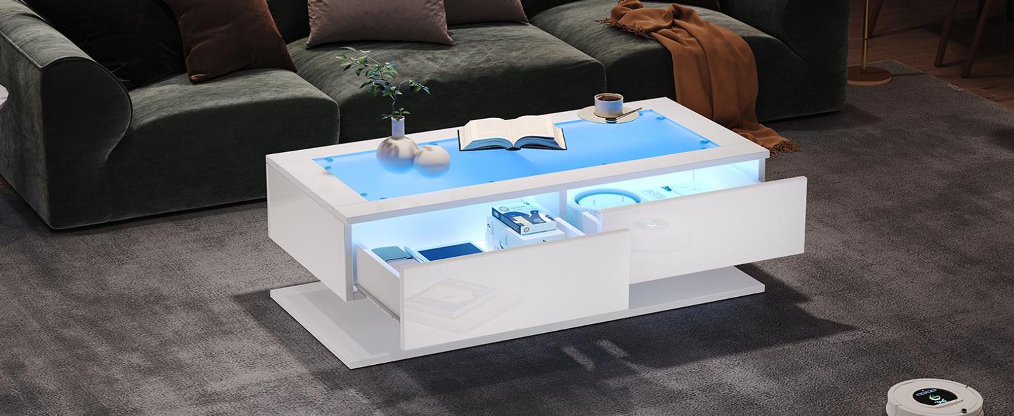 STILVORA Couchtisch mit 2 Schubladen,Wohnzimmertisch Hochglanz mit LED-Beleuchtung,Sofatisch Beistelltisch aus Spanplatte mit Glasplatte,Weiß