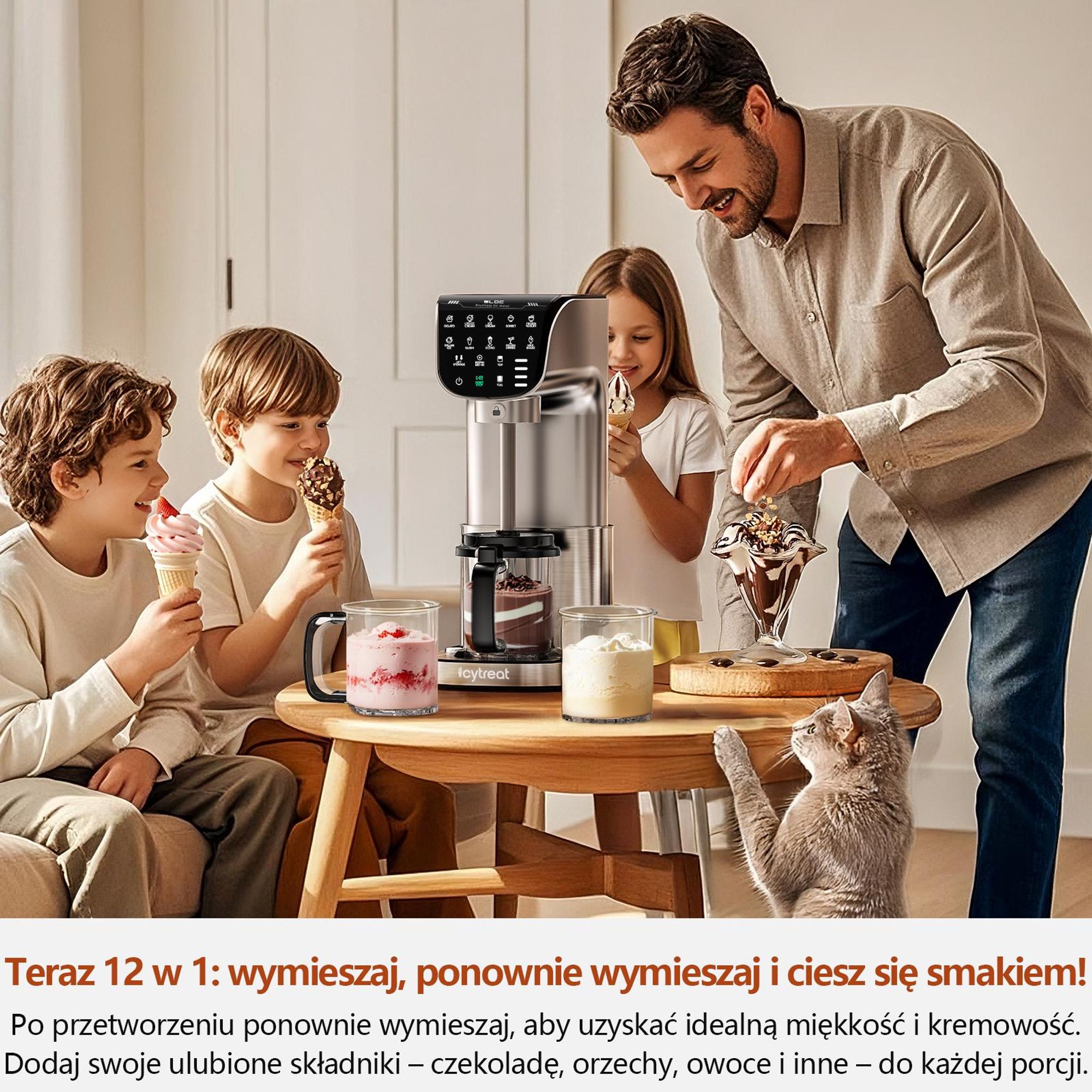 Maszyna do lodów IcyTreat IC-1010 EU – W pełni automatyczna, obudowa ze stali nierdzewnej – Wyposażona w 3 pojemniki i 12 programy – Srebrna