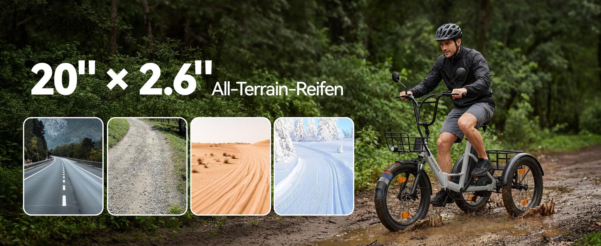 20" Fat Tire E-Bike Dreirad Klappbar, Elektro Lastenfahrrad Erwachsene, 36V 10.4Ah, 250W Motor, Differential, 286kg Zuladung, Doppelkorb, Grau