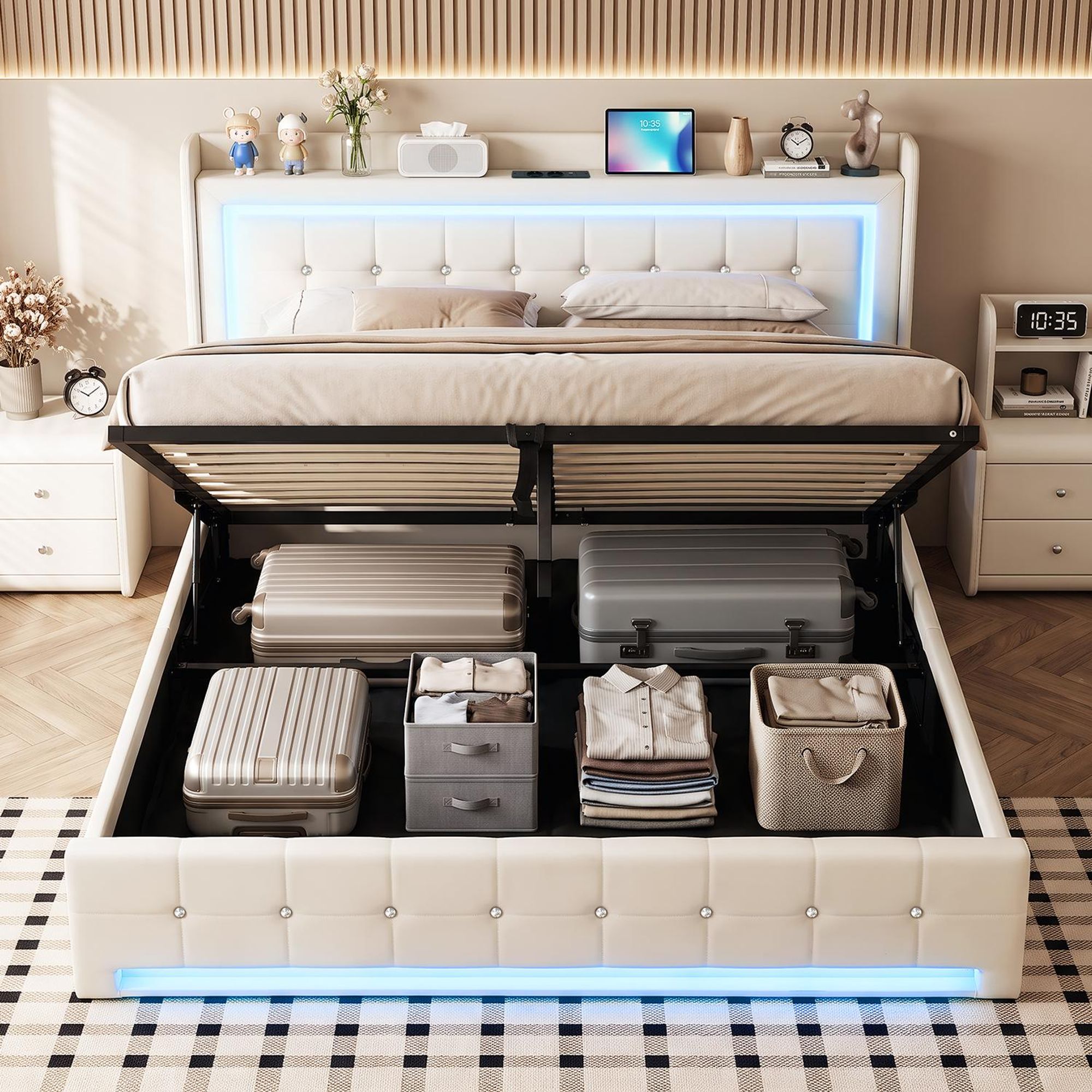 OYAJIA Polsterbett Doppelbett 90×200 mit Led Kopfteil und Hydraulischem Stauraum,Jugendbett mit USB&Type-C Ladestation,Stauraumbett Funktionsbett
