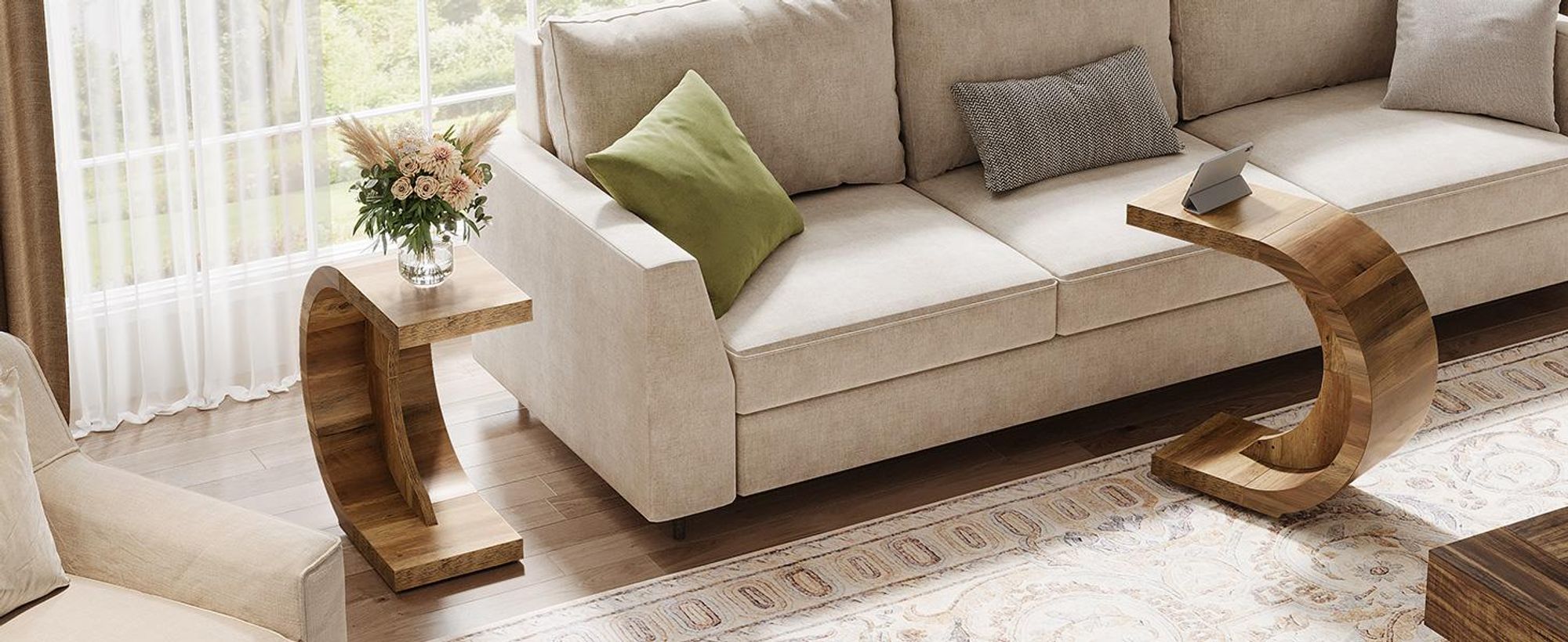 Tribesigns C-förmiger Beistelltisch, Couchtisch, Kaffeetisch Snacktisch, Schmaler Nachttisch für Wohnzimmer, Schlafzimmer, Rustikal Braun, 70*30*65 cm