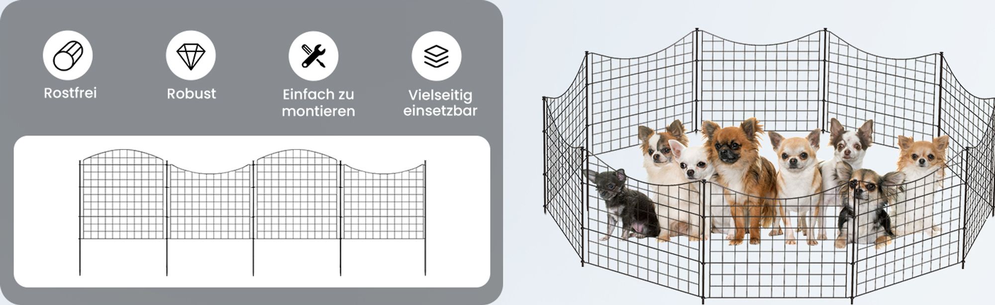 WOLTU 10 x Gartenzaun, Gitterzaun Unterbogen, Zaun für Hunde, Schwarz, 70×64 cm