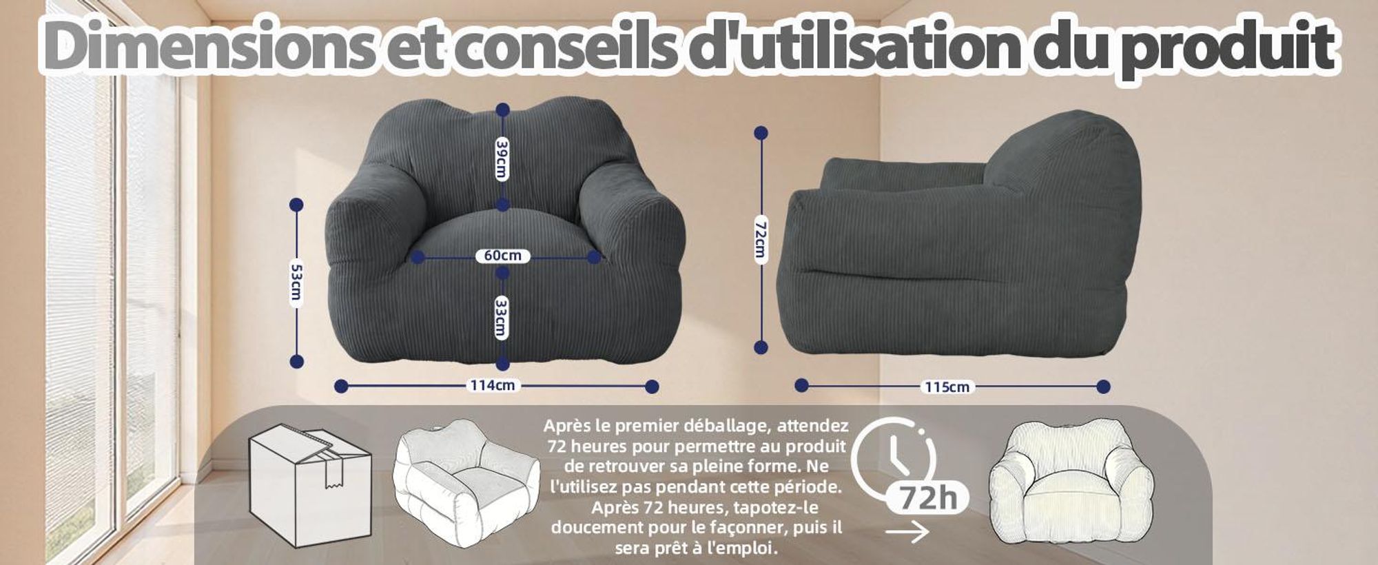 Pouf géant pour adulte, rembourrage en mousse déchiquetée, canapé de sol moelleux, forme carrée, gris