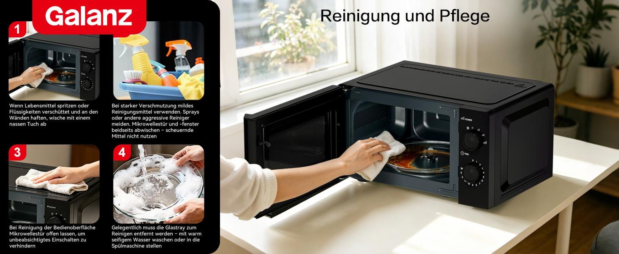 Galanz Mikrowelle 20L 700W Drehregler 6 Leistungsstufen Auftaufunktion schwarz
