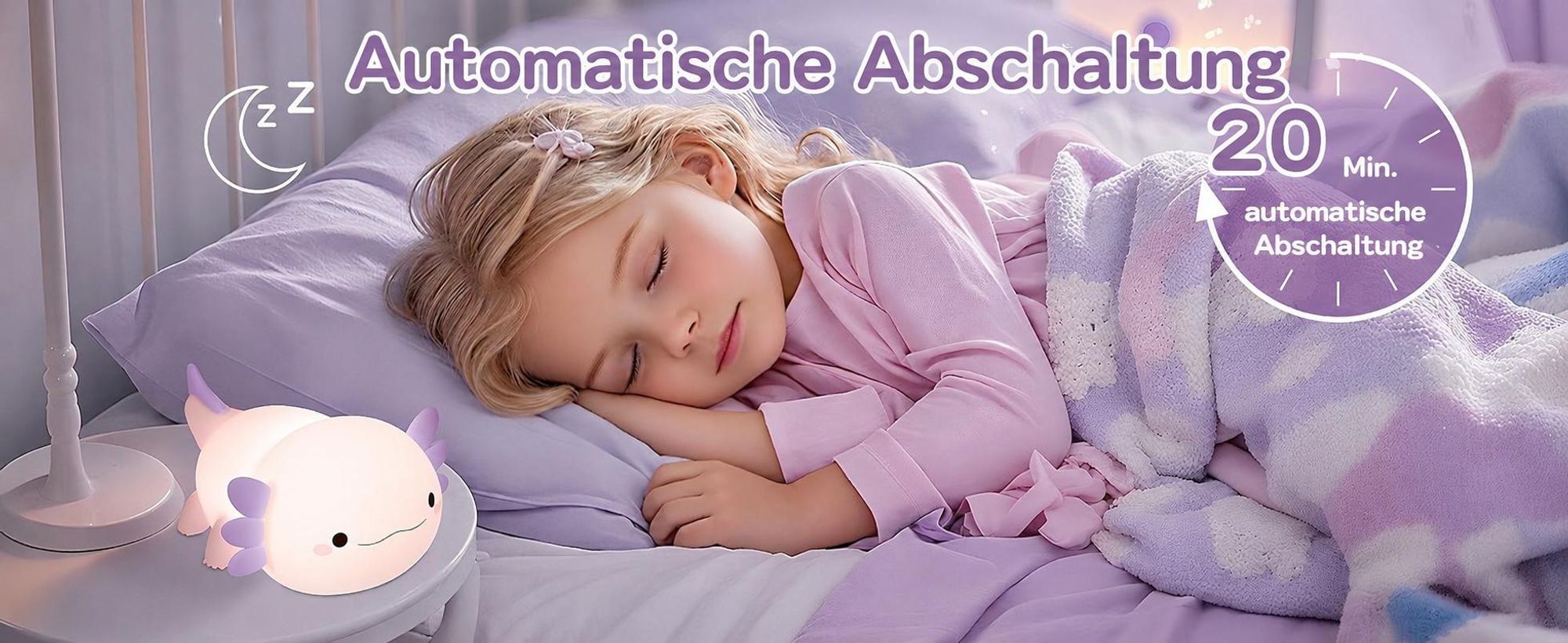LED Axolotl Nachtlicht,Verstellbares Silikon -Nachtlicht,USB -Ladebett -Nachttischlampen,Berührungssteuerung,Geschenk mit Timer,Babyzimmerdekor,Lila