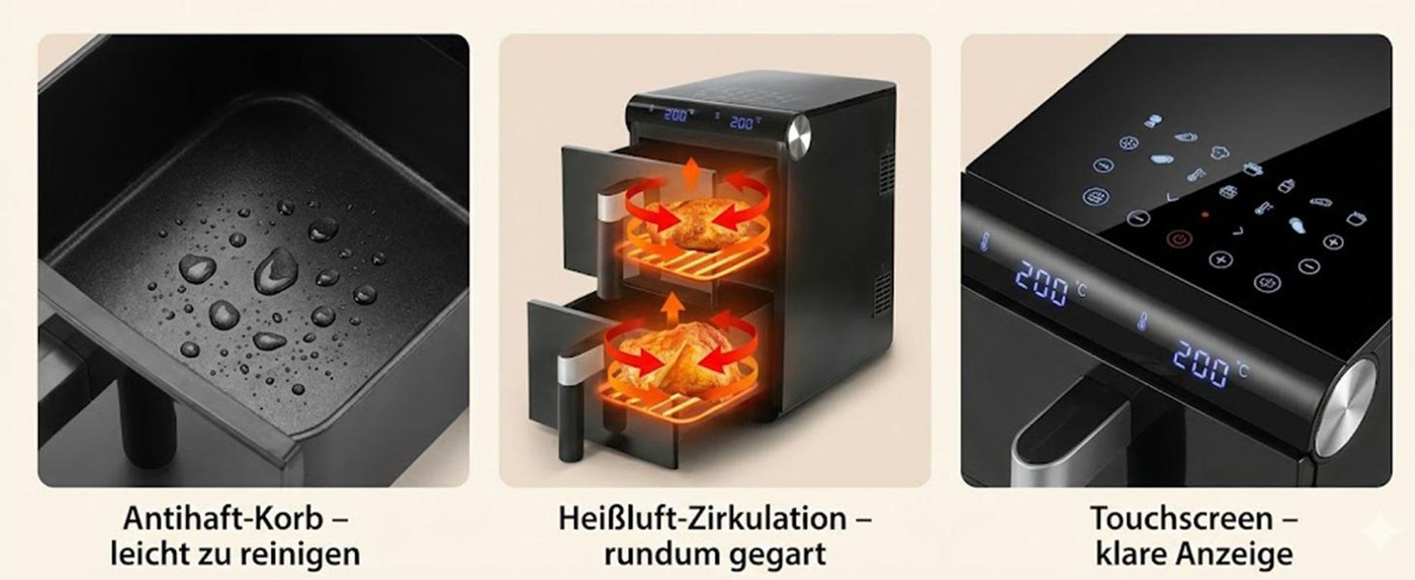 ZMH Heißluftfritteuse Airfryer 2 Kammern 11L 3in1 Air Fryer Dual Zone Doppelkammer übereinander 2800W Heissluftfritteuse mit Touchscreen & Timer