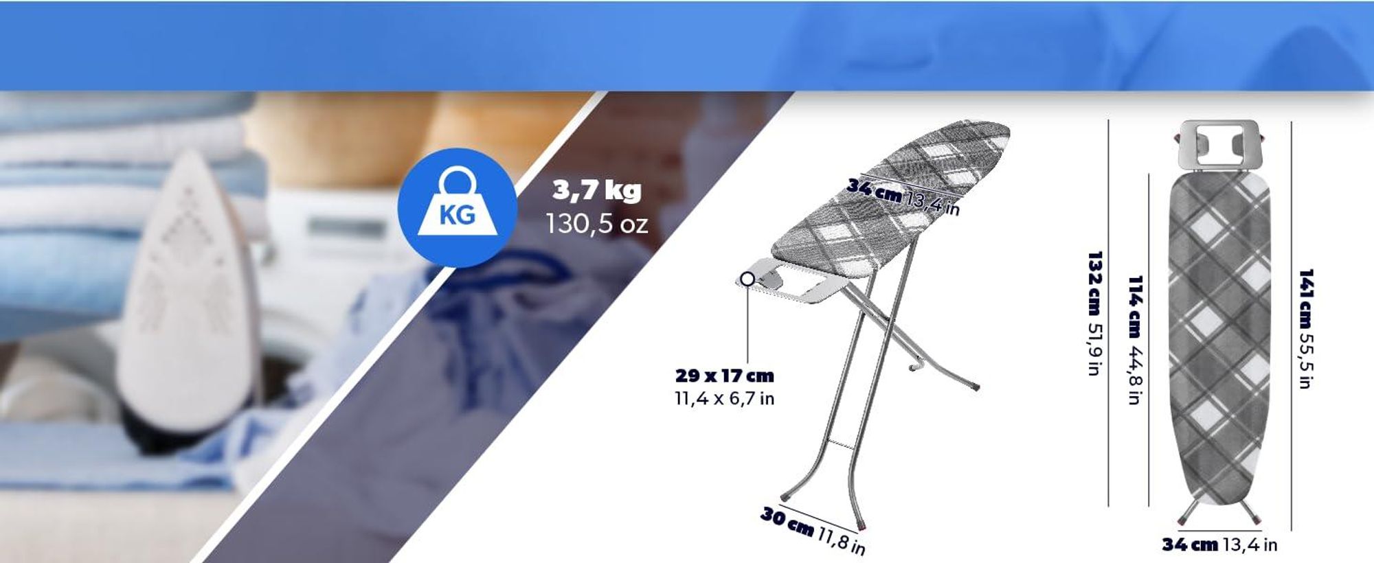 KADAX Klappbares Bügelbrett „Brusand", Dampfbügelbrett mit Metallnetz, 114 cm, Kariert