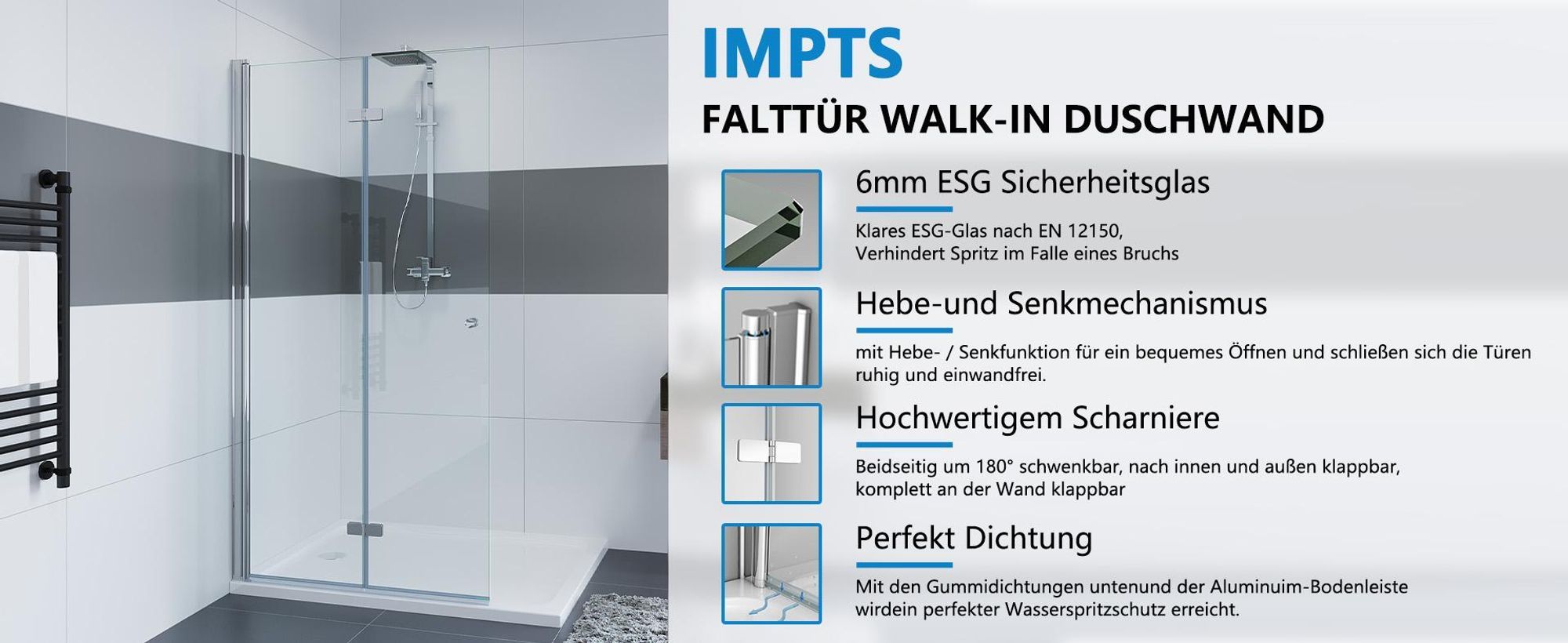 IMPTS Duschwand 90 x 185 cm Walk in Dusche Falttür Schwingtür Duschkabine 6 mm NANO Glas Duschabtrennung ESG Echtglas Glaswand Höhe 185 cm