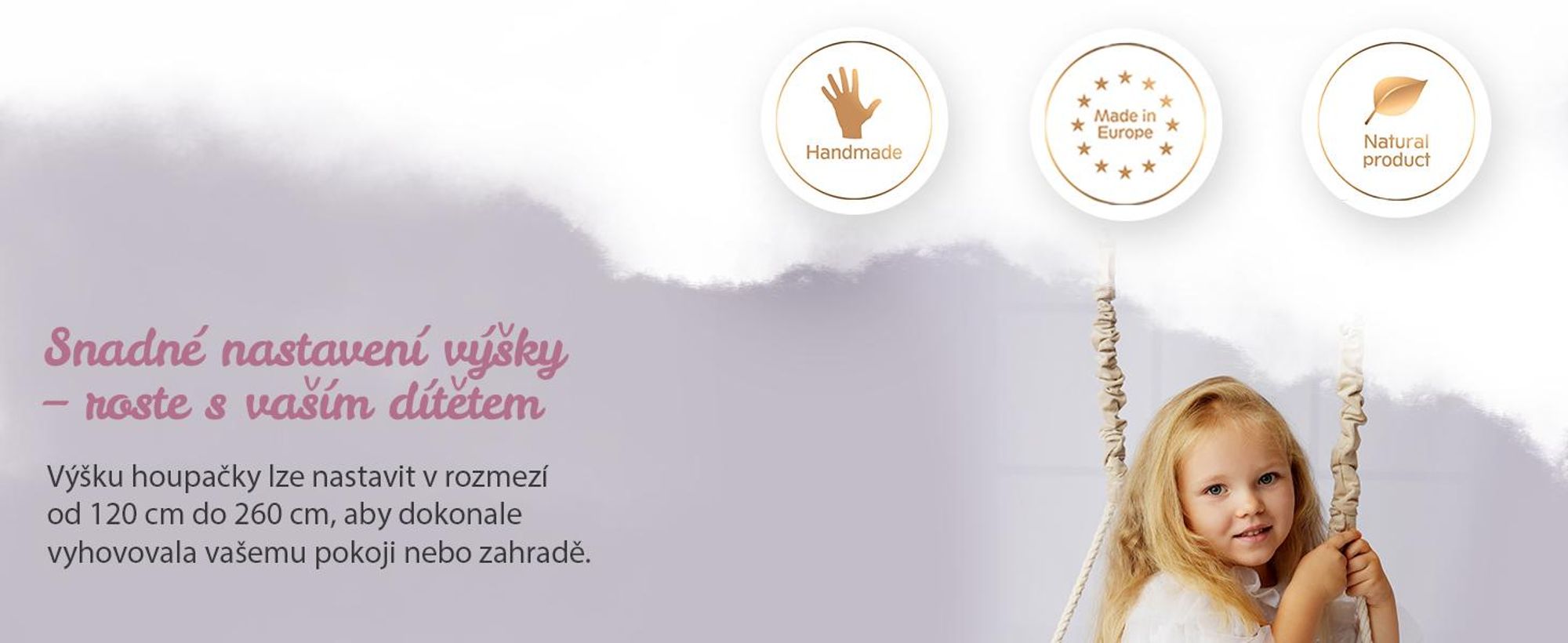 Create For You® - Dřevěná Houpačka Pro Děti S Bavlněným Lanem, Dětská Houpačka, Vnitřní Sedadlo S Měkkým Materiálem, Výškově Nastavitelná, Růžová